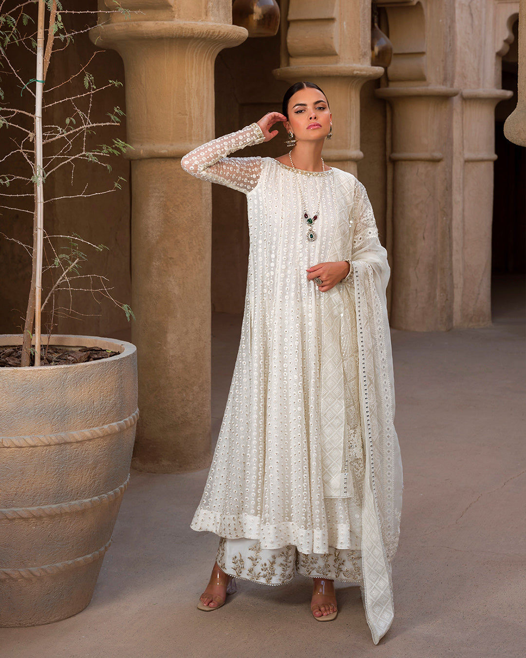 Pakistani White Embroidered Chiffon Anarkali Dress (3-Piece) - Image 4
