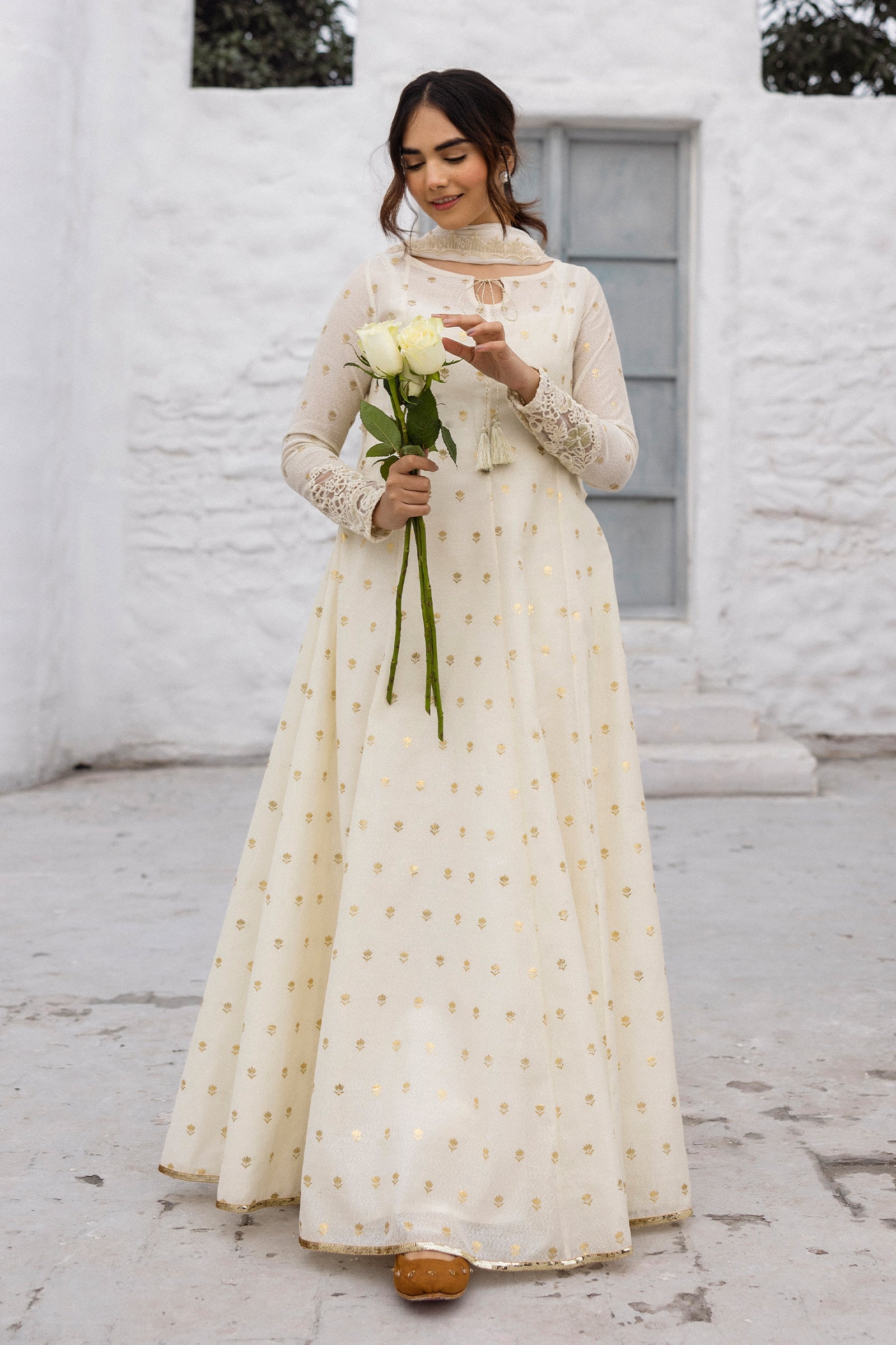 Pakistani Pearl White Gold Foil Cotton Karandi Anarkali (3-Piece) - Image 1