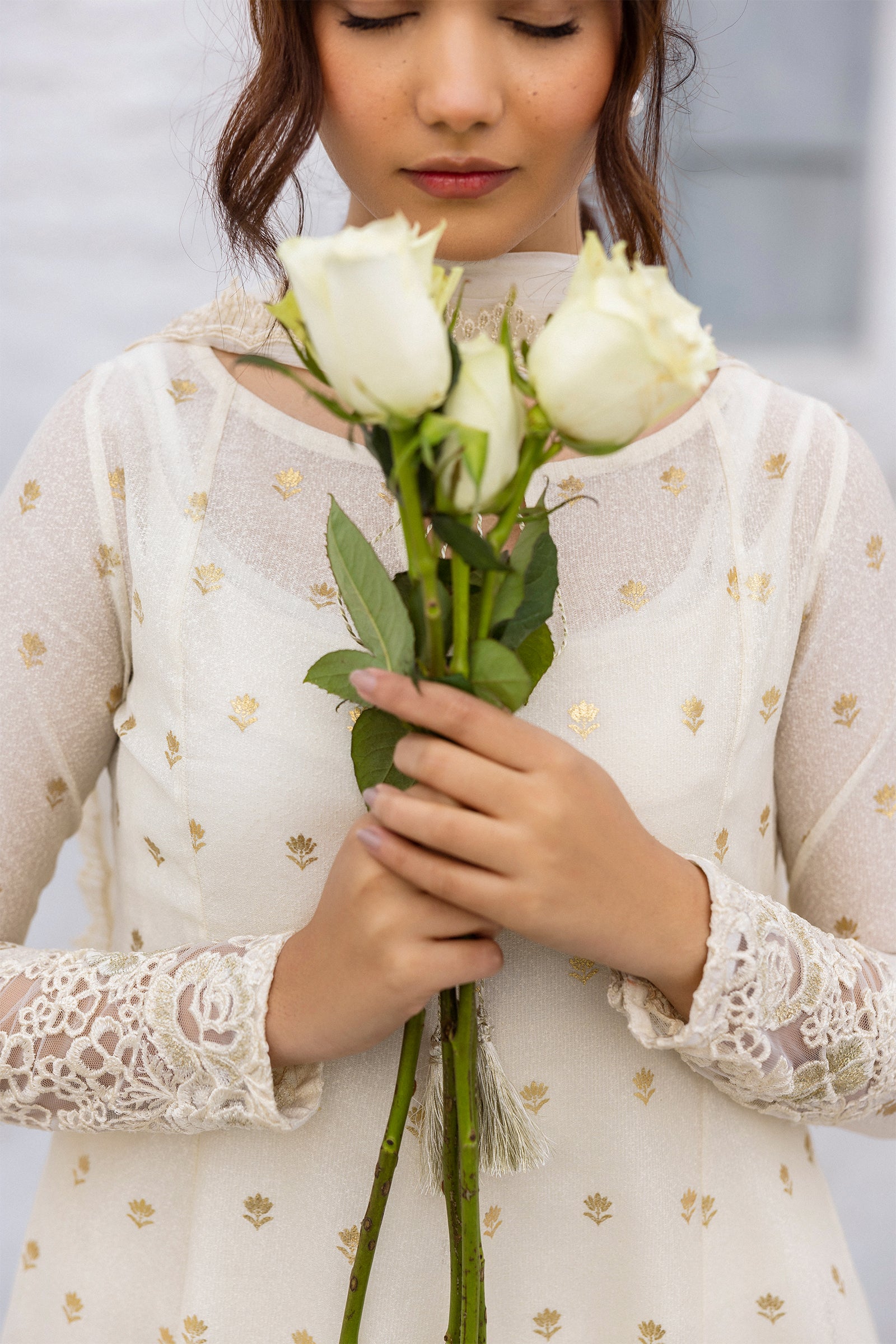 Pakistani Pearl White Gold Foil Cotton Karandi Anarkali (3-Piece) - Image 10