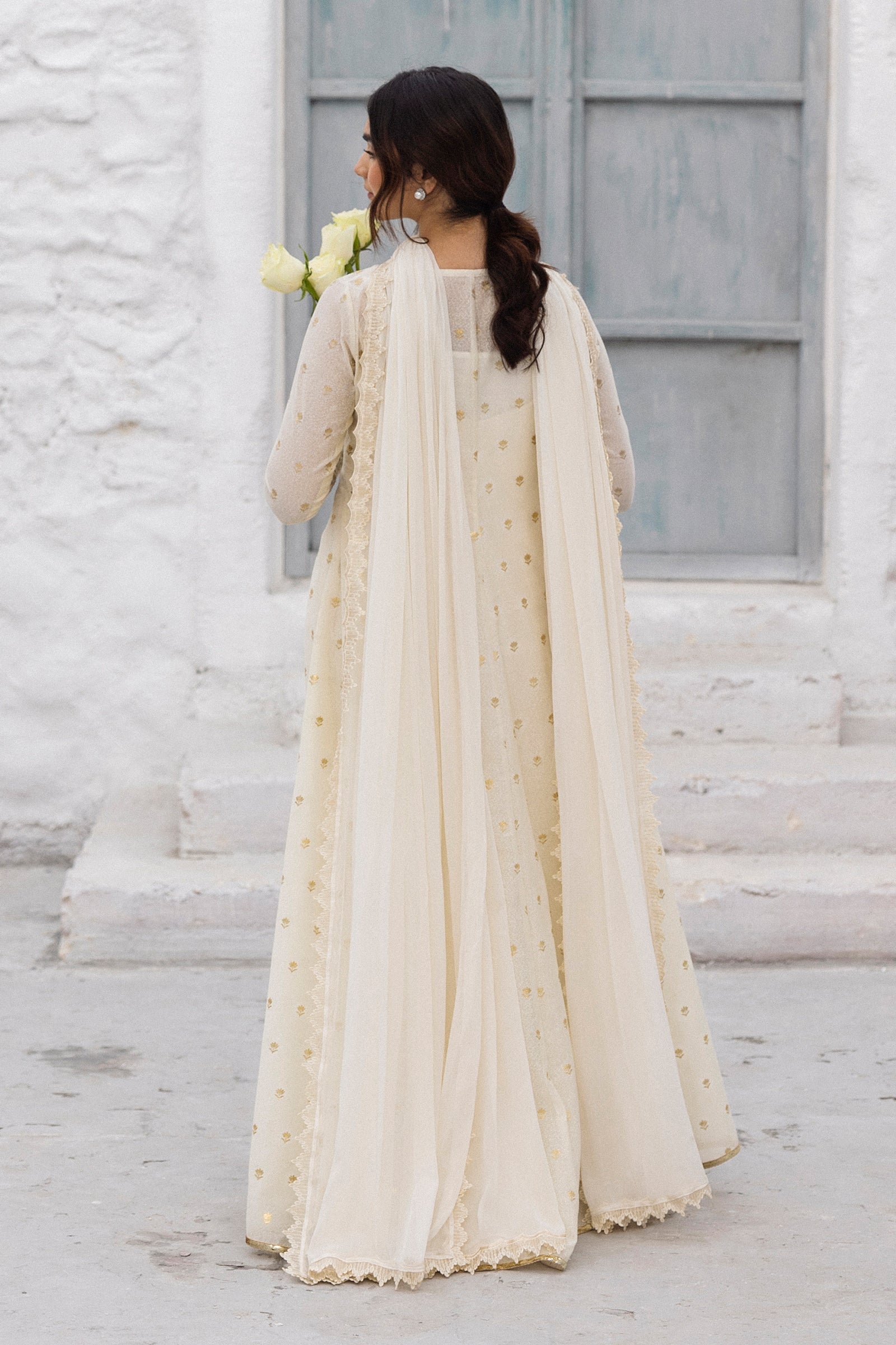 Pakistani Pearl White Gold Foil Cotton Karandi Anarkali (3-Piece) - Image 2