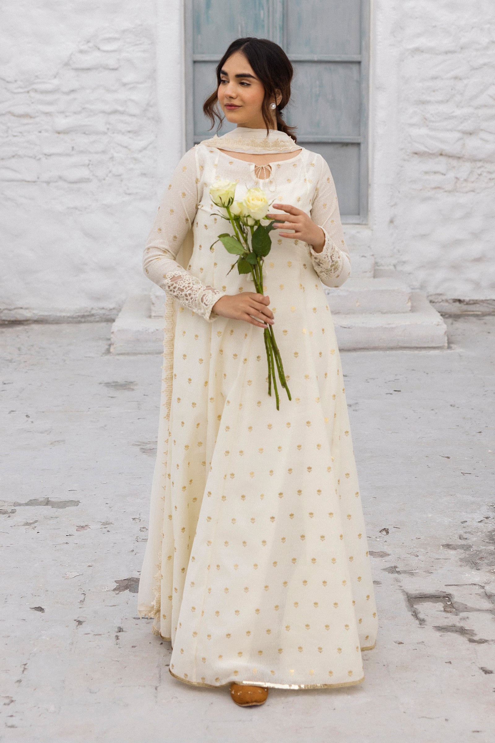 Pakistani Pearl White Gold Foil Cotton Karandi Anarkali (3-Piece) - Image 3