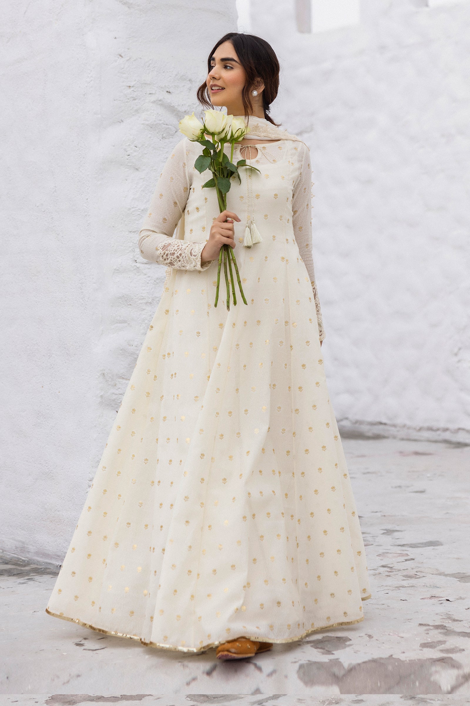 Pakistani Pearl White Gold Foil Cotton Karandi Anarkali (3-Piece) - Image 5