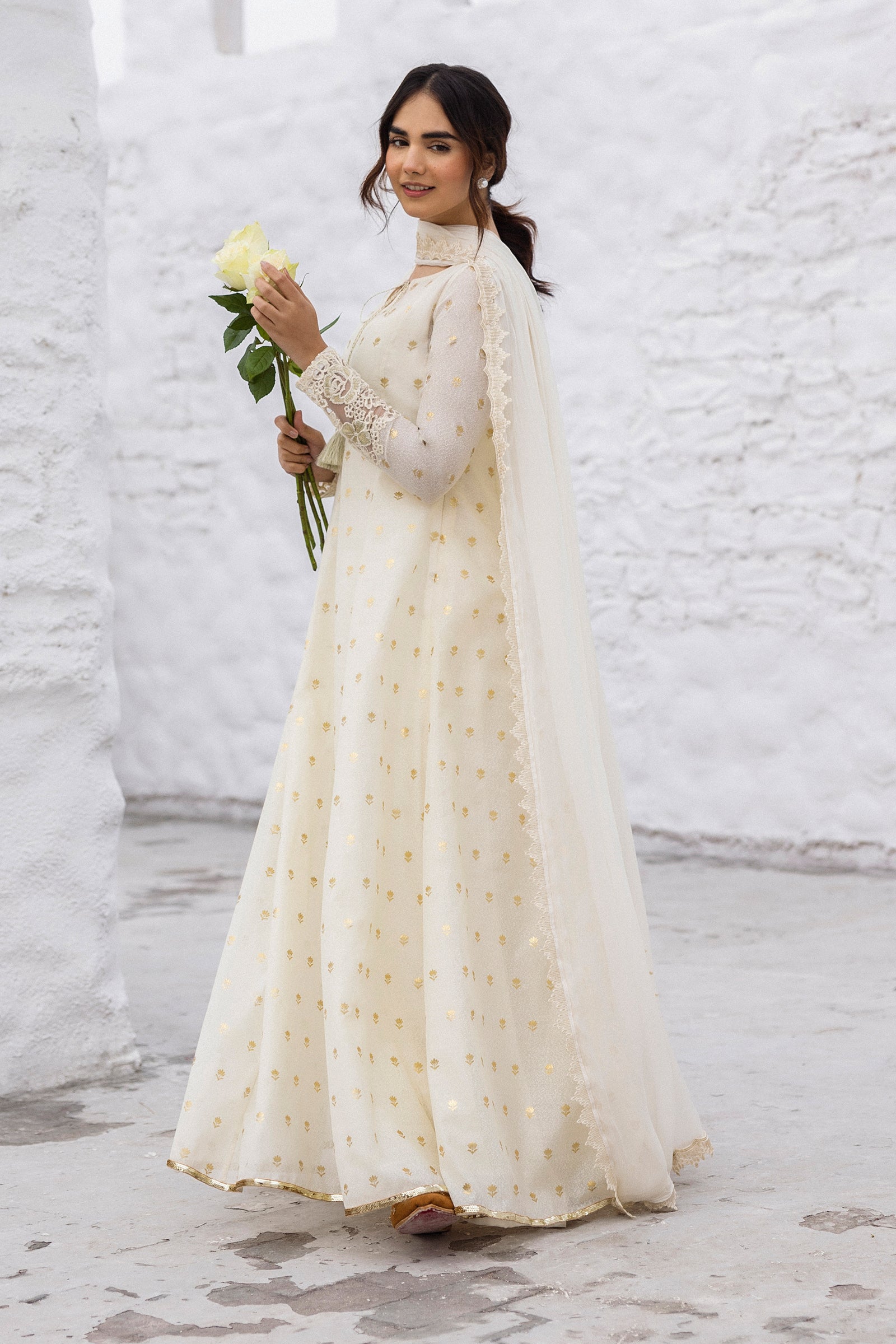 Pakistani Pearl White Gold Foil Cotton Karandi Anarkali (3-Piece) - Image 6