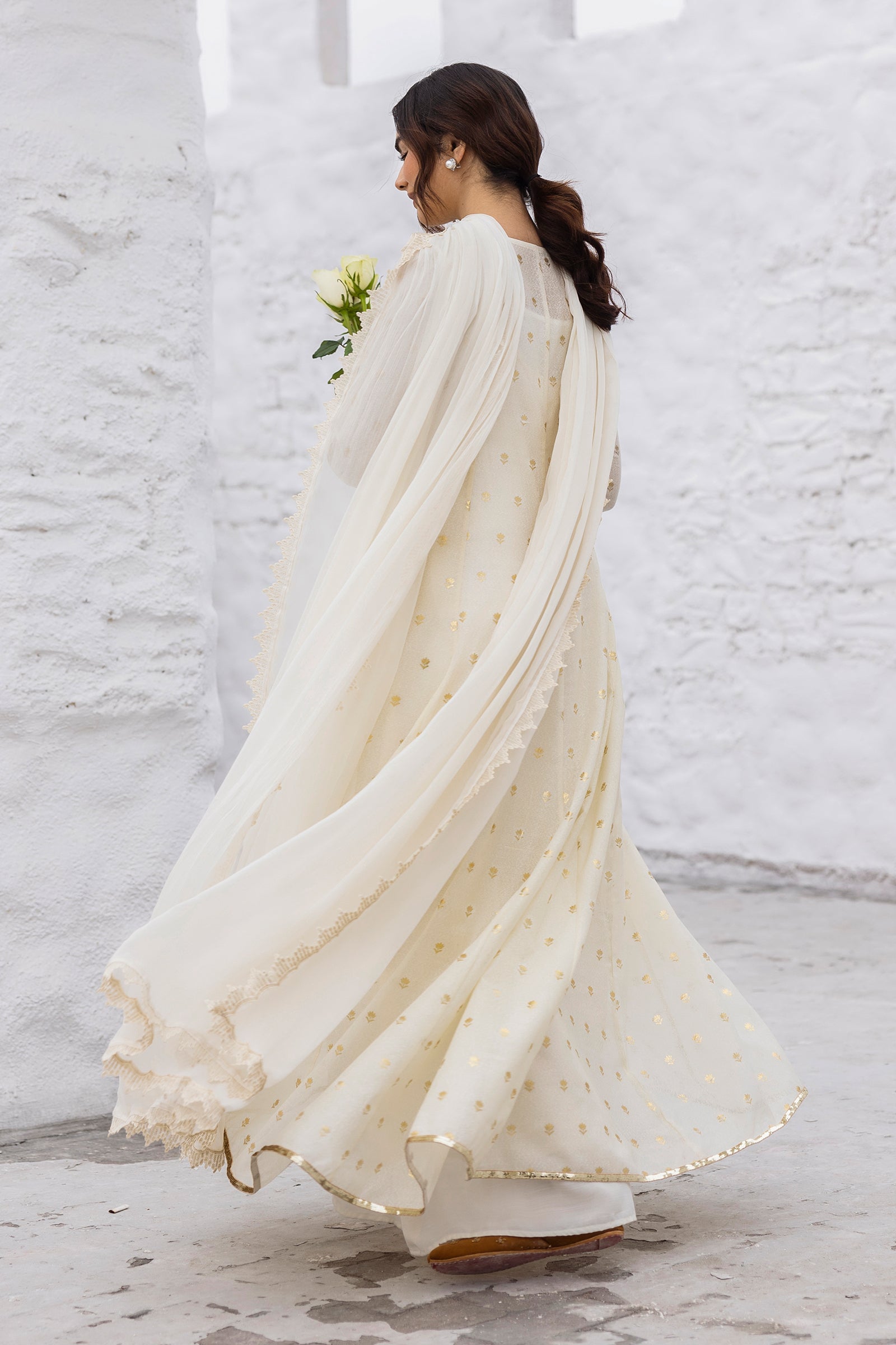 Pakistani Pearl White Gold Foil Cotton Karandi Anarkali (3-Piece) - Image 7