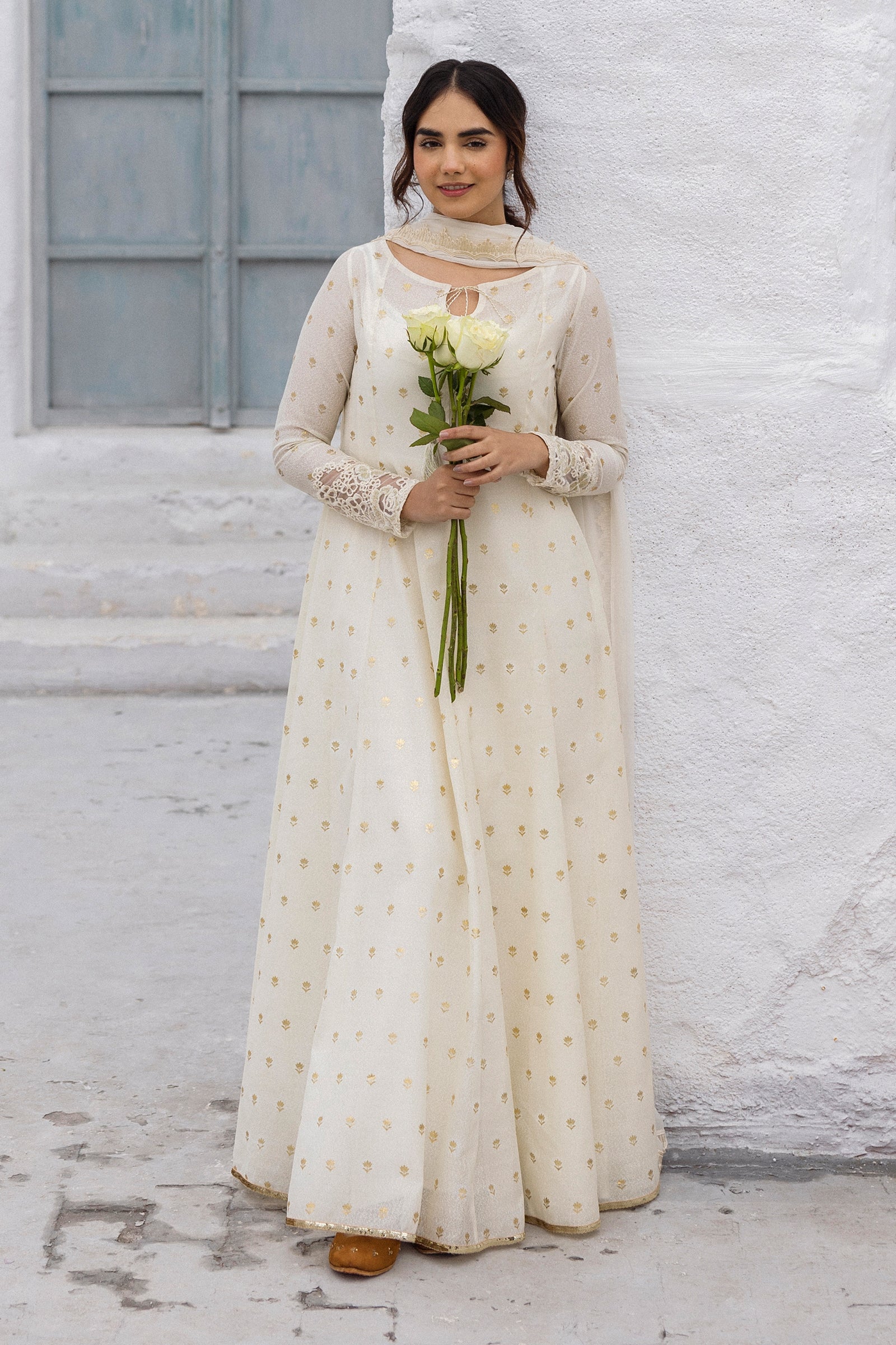 Pakistani Pearl White Gold Foil Cotton Karandi Anarkali (3-Piece) - Image 8