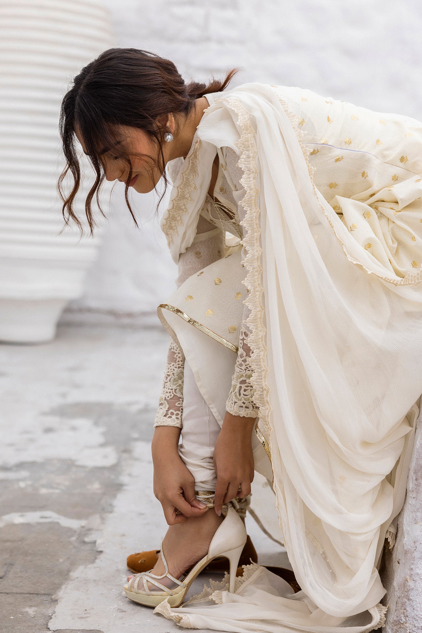 Pakistani Pearl White Gold Foil Cotton Karandi Anarkali (3-Piece) - Image 9