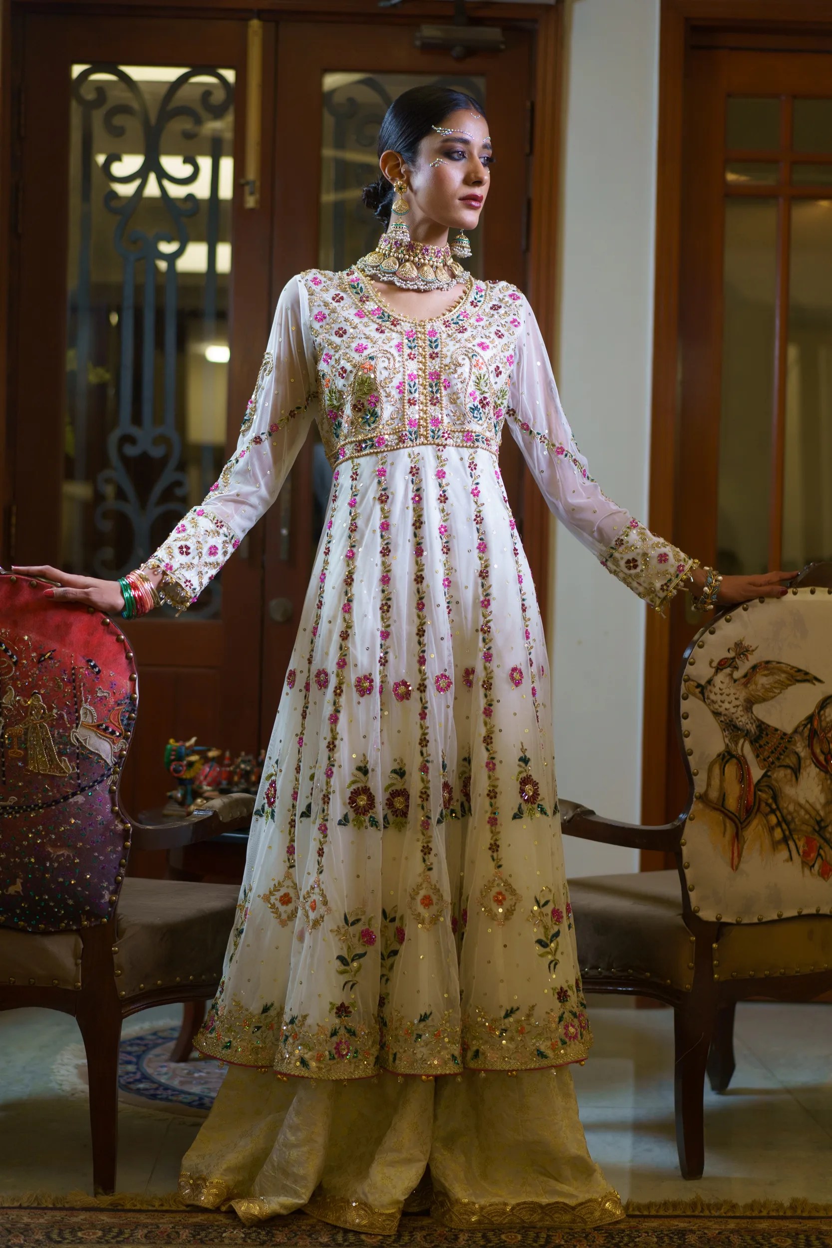 Pakistani White Embroidered Net Anarkali Dress (3-Piece) - Image 1