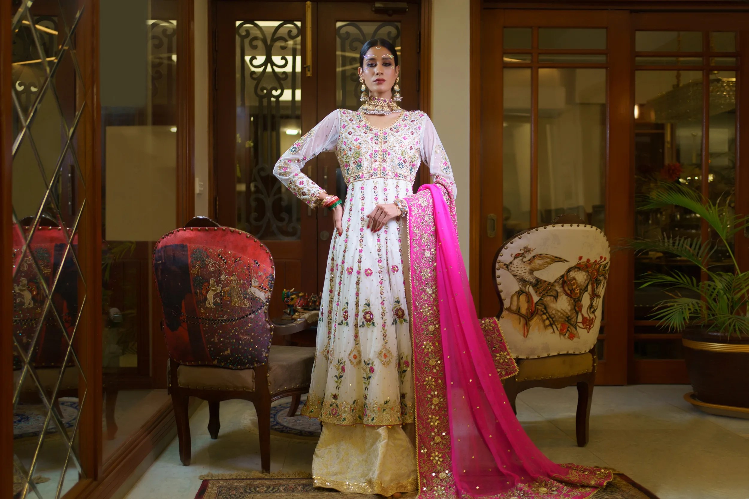 Pakistani White Embroidered Net Anarkali Dress (3-Piece) - Image 2