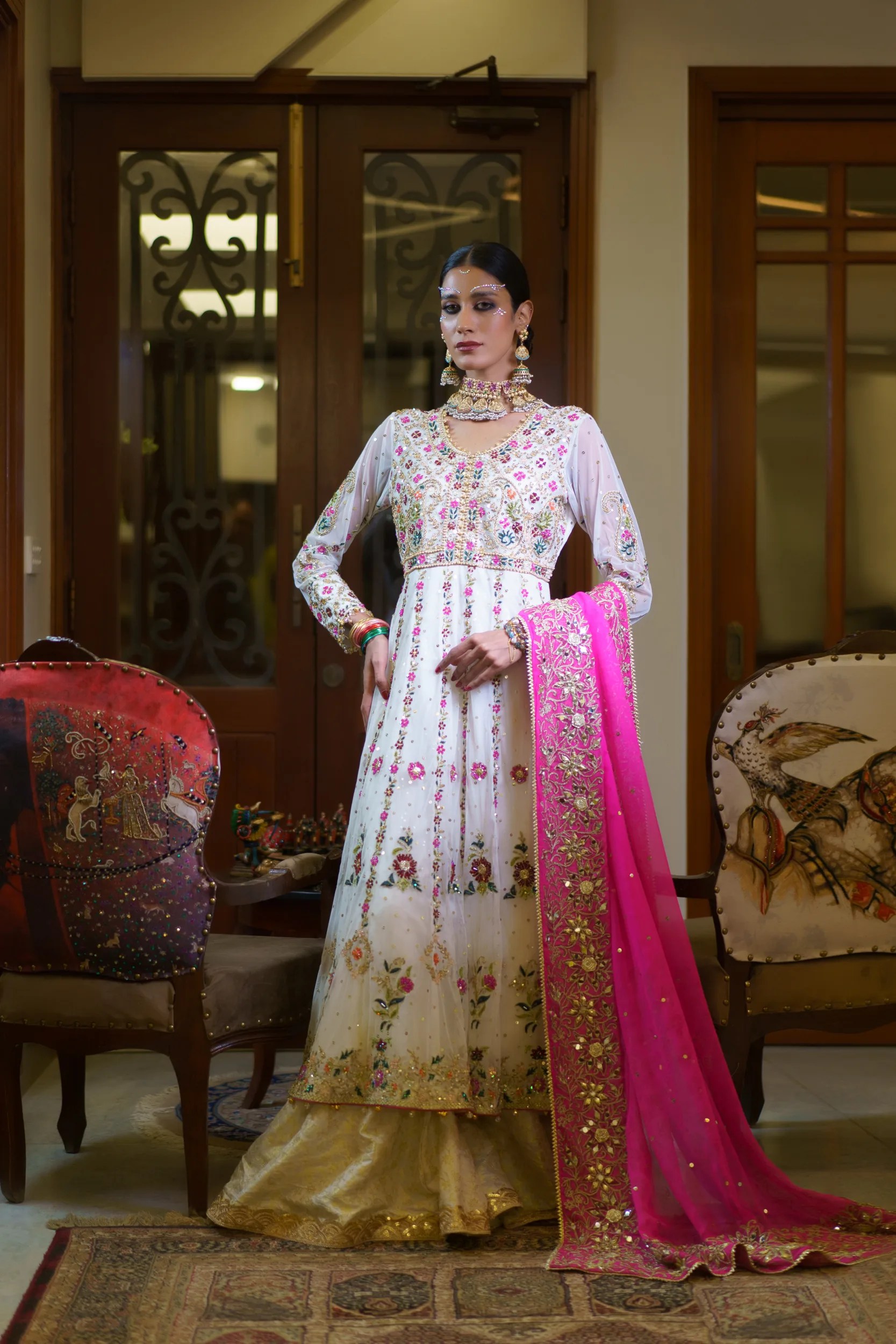 Pakistani White Embroidered Net Anarkali Dress (3-Piece) - Image 3