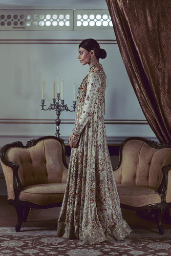 Pakistani White Resham Zardozi Net Organza Anarkali (1-Pc) - Image 1