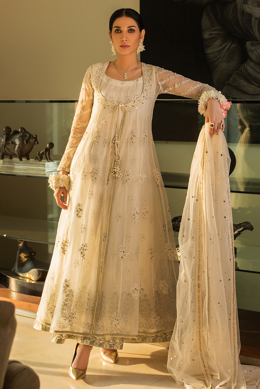 White Resham Zardozi Organza Anarkali (3-Piece) - Image 1