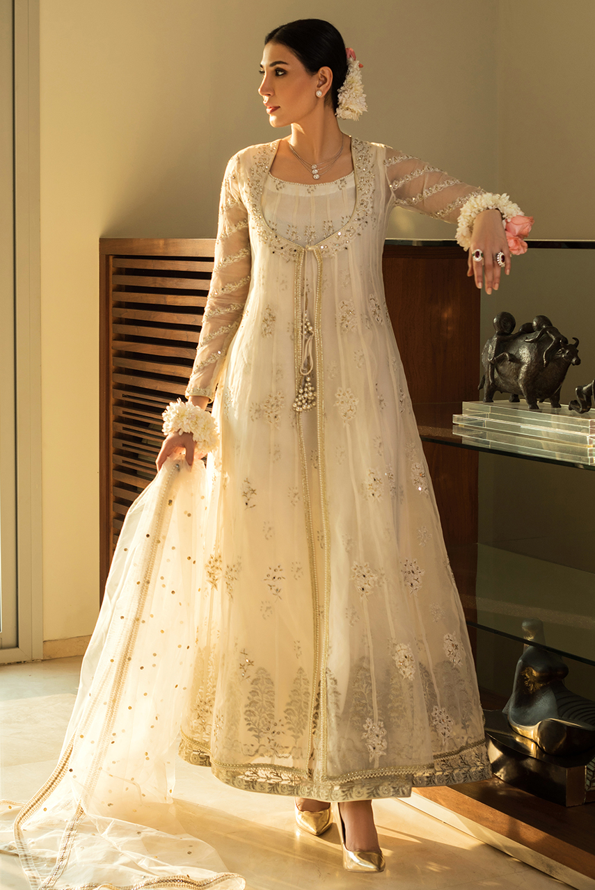 White Resham Zardozi Organza Anarkali (3-Piece) - Image 2