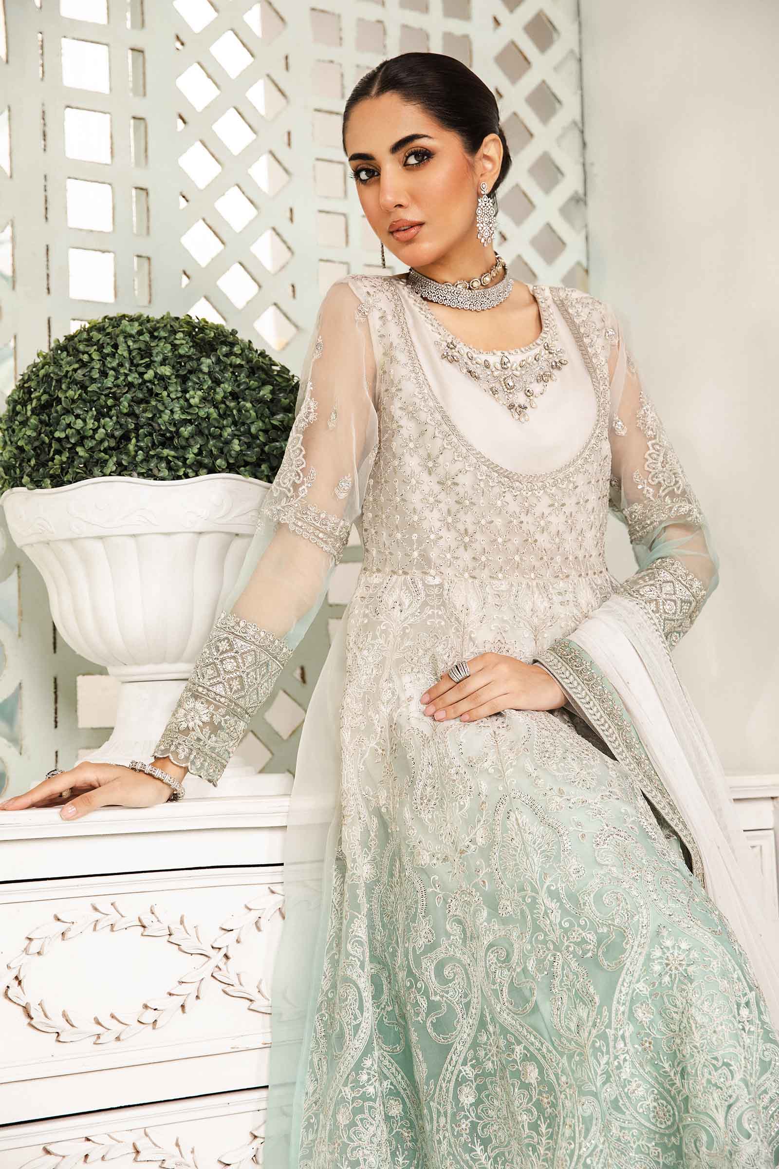 Off White & Sea Green Embroidered Organza Anarkali (3-Piece) - Image 2