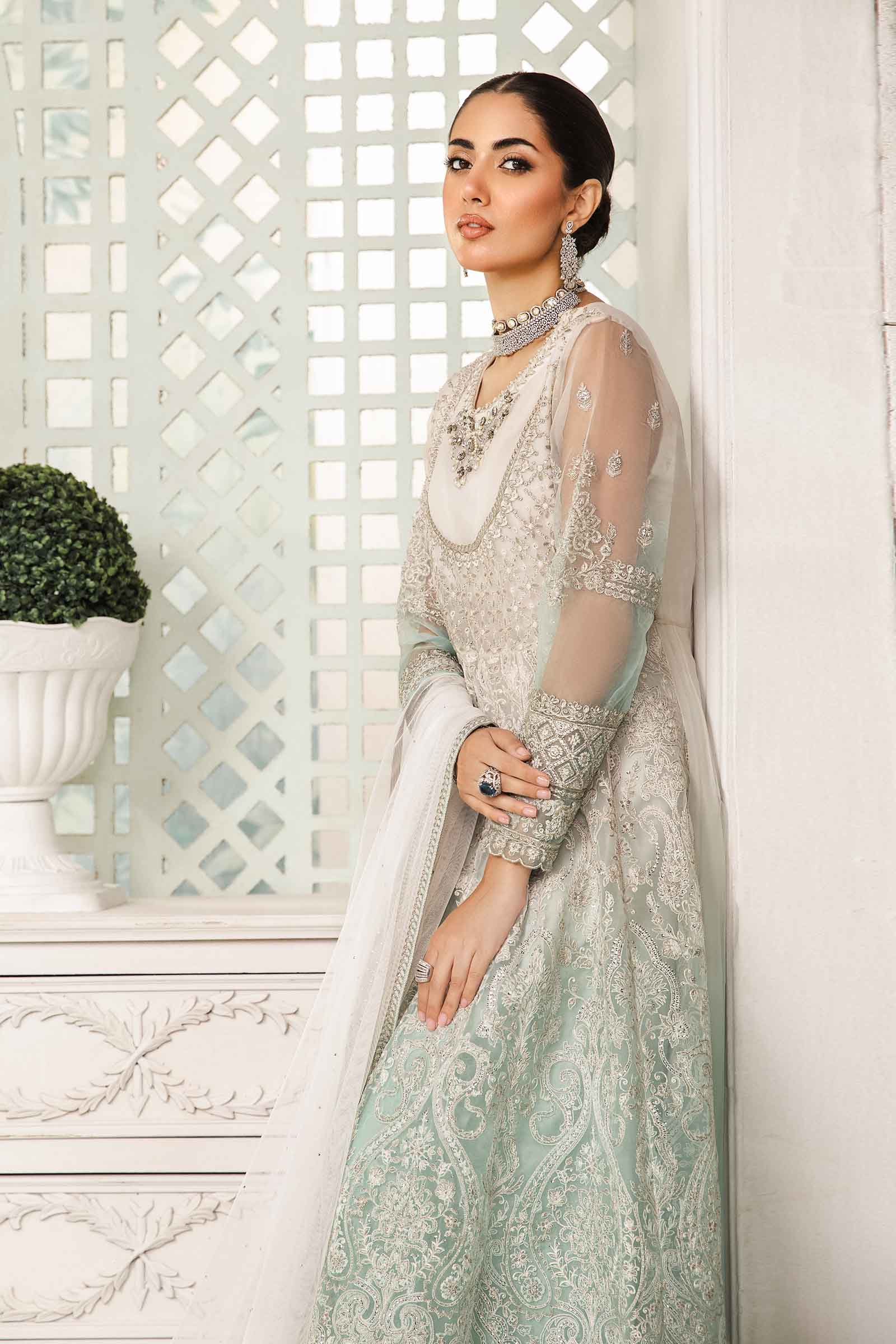 Off White & Sea Green Embroidered Organza Anarkali (3-Piece) - Image 3