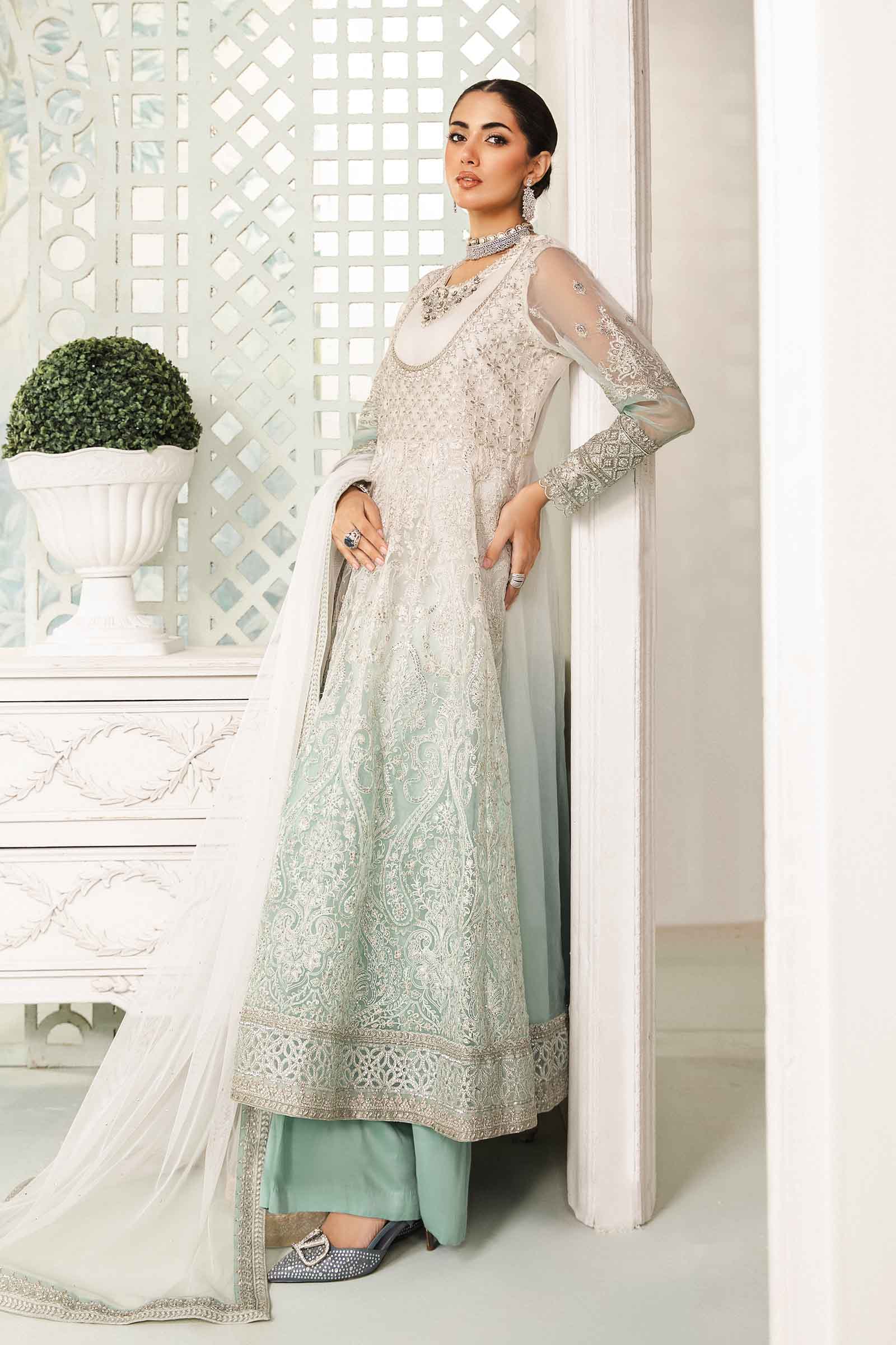 Off White & Sea Green Embroidered Organza Anarkali (3-Piece) - Image 4
