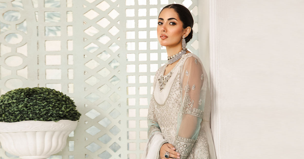 Off White & Sea Green Embroidered Organza Anarkali (3-Piece) - Image 5