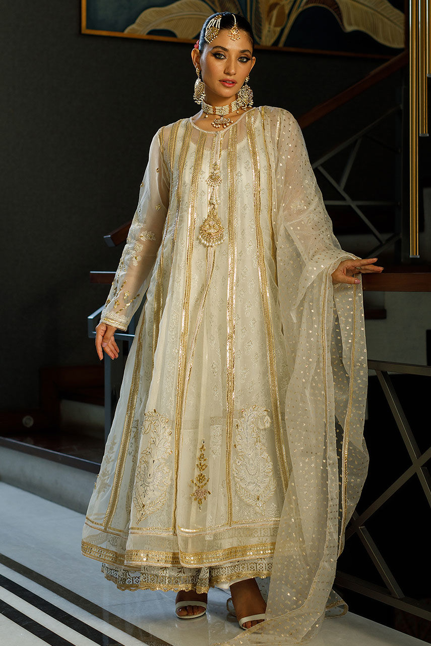 Pakistani White Zardozi Organza Anarkali Dress (3-Piece) - Image 1