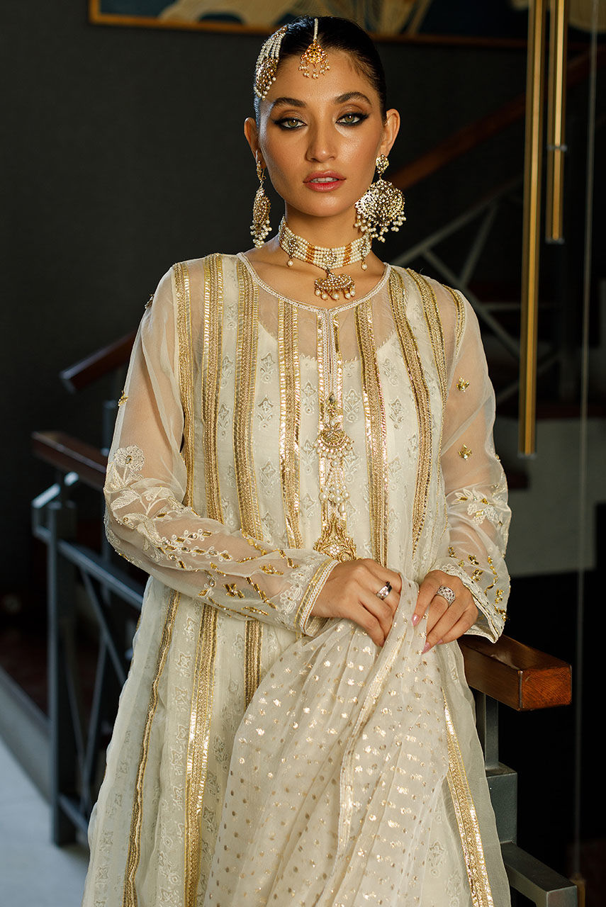 Pakistani White Zardozi Organza Anarkali Dress (3-Piece) - Image 2