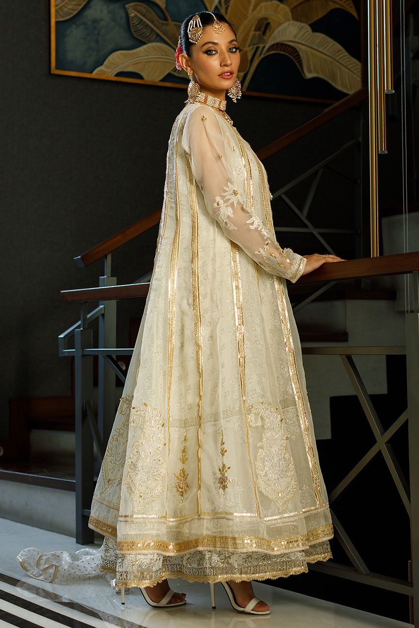 Pakistani White Zardozi Organza Anarkali Dress (3-Piece) - Image 3