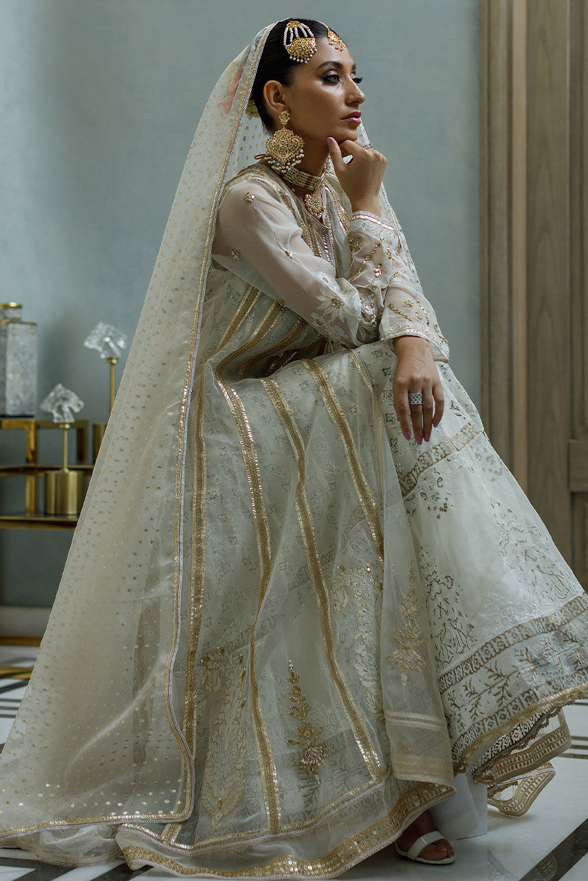 Pakistani White Zardozi Organza Anarkali Dress (3-Piece) - Image 4