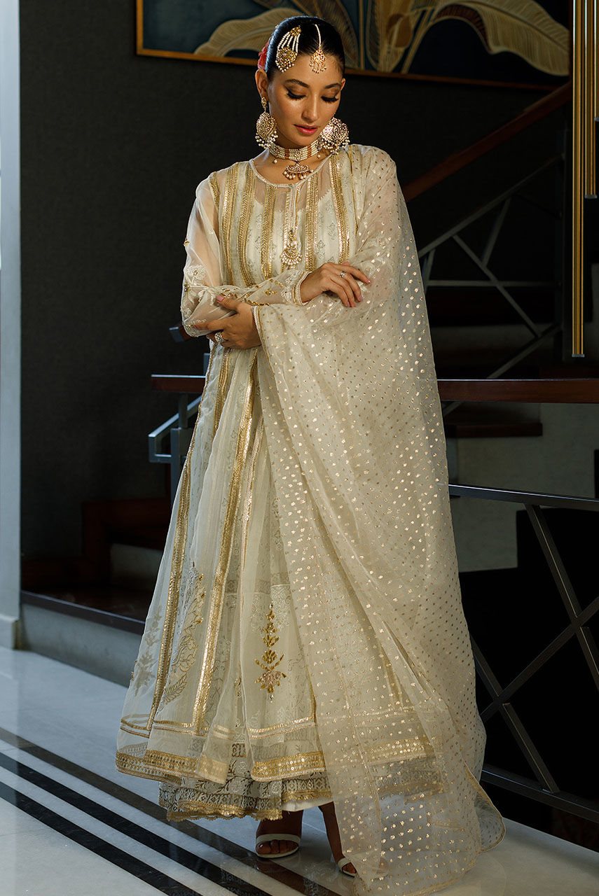 Pakistani White Zardozi Organza Anarkali Dress (3-Piece) - Image 5