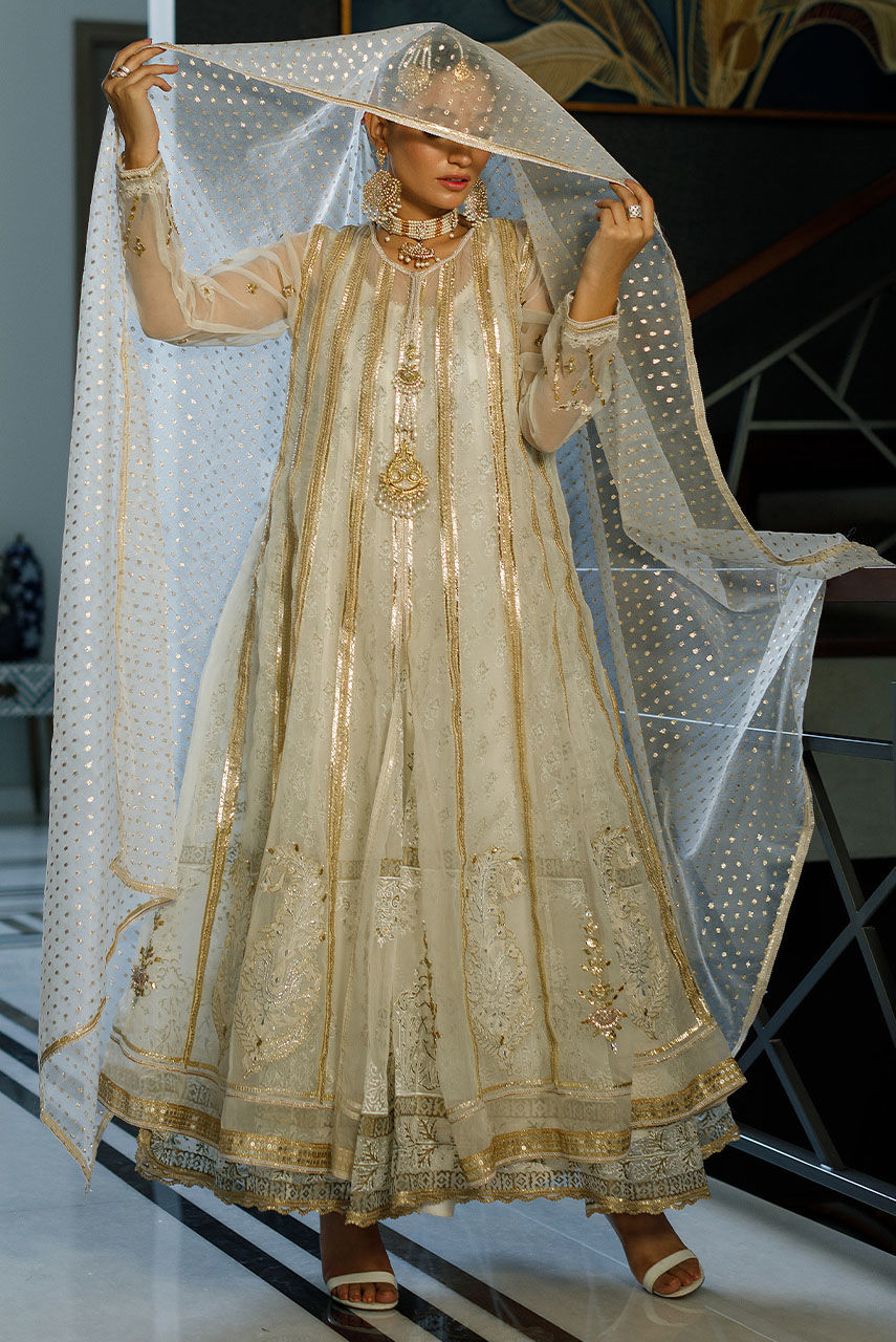 Pakistani White Zardozi Organza Anarkali Dress (3-Piece) - Image 6