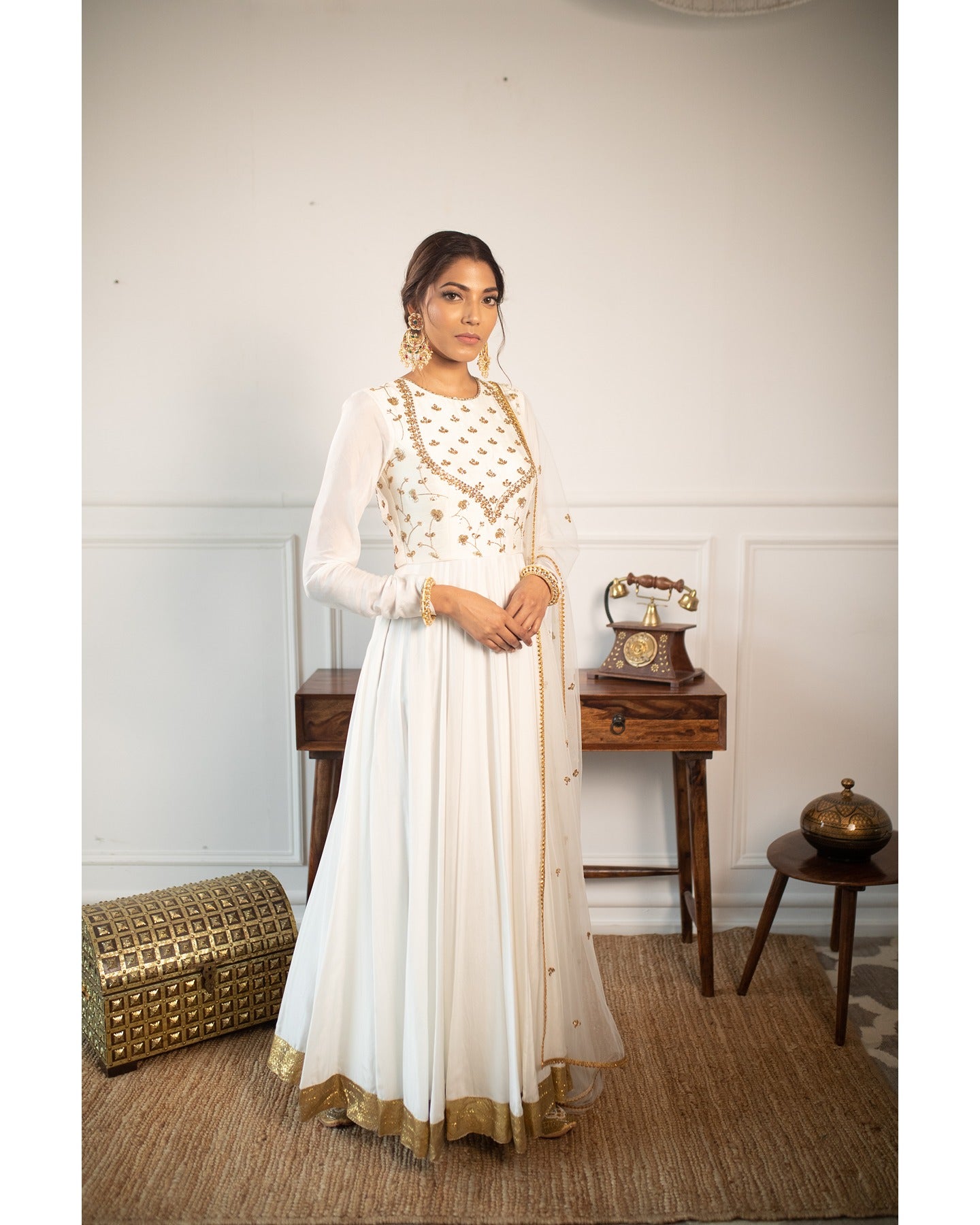 White Gold-Embroidered Silk Anarkali Dress (3-Piece) - Image 1