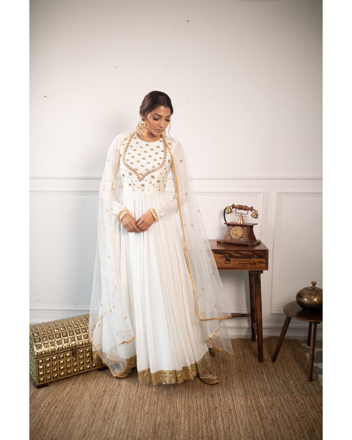 White Gold-Embroidered Silk Anarkali Dress (3-Piece) - Image 2