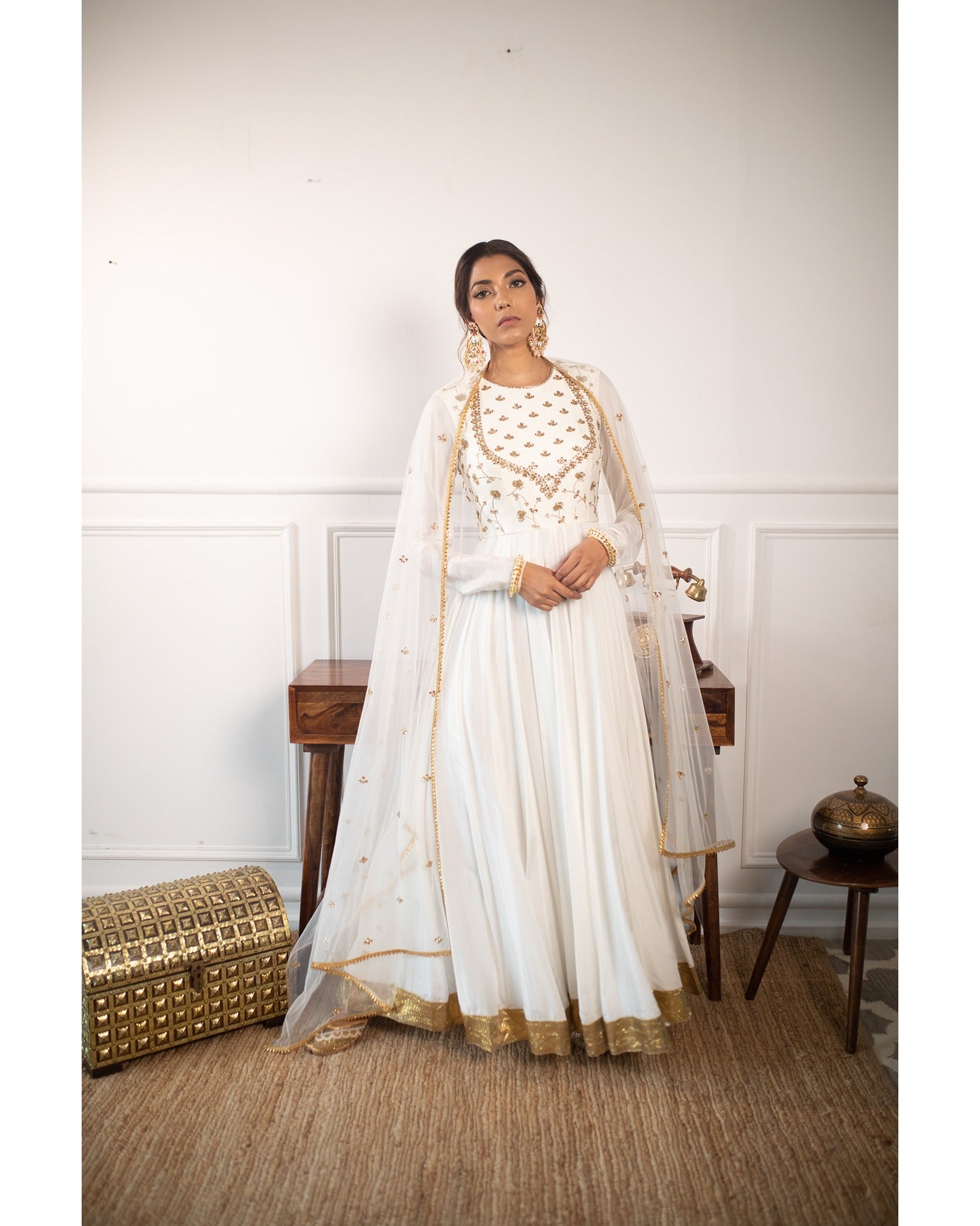 White Gold-Embroidered Silk Anarkali Dress (3-Piece) - Image 3