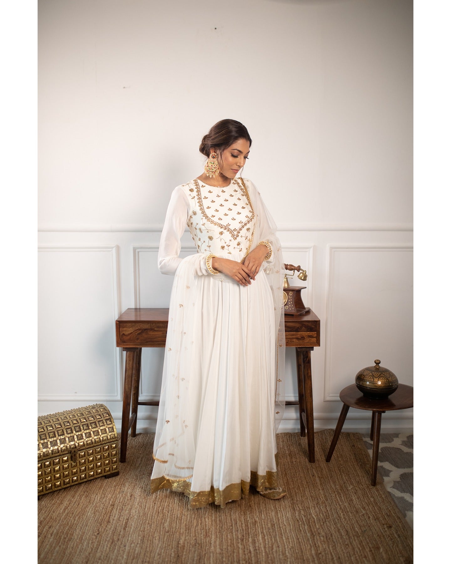White Gold-Embroidered Silk Anarkali Dress (3-Piece) - Image 4
