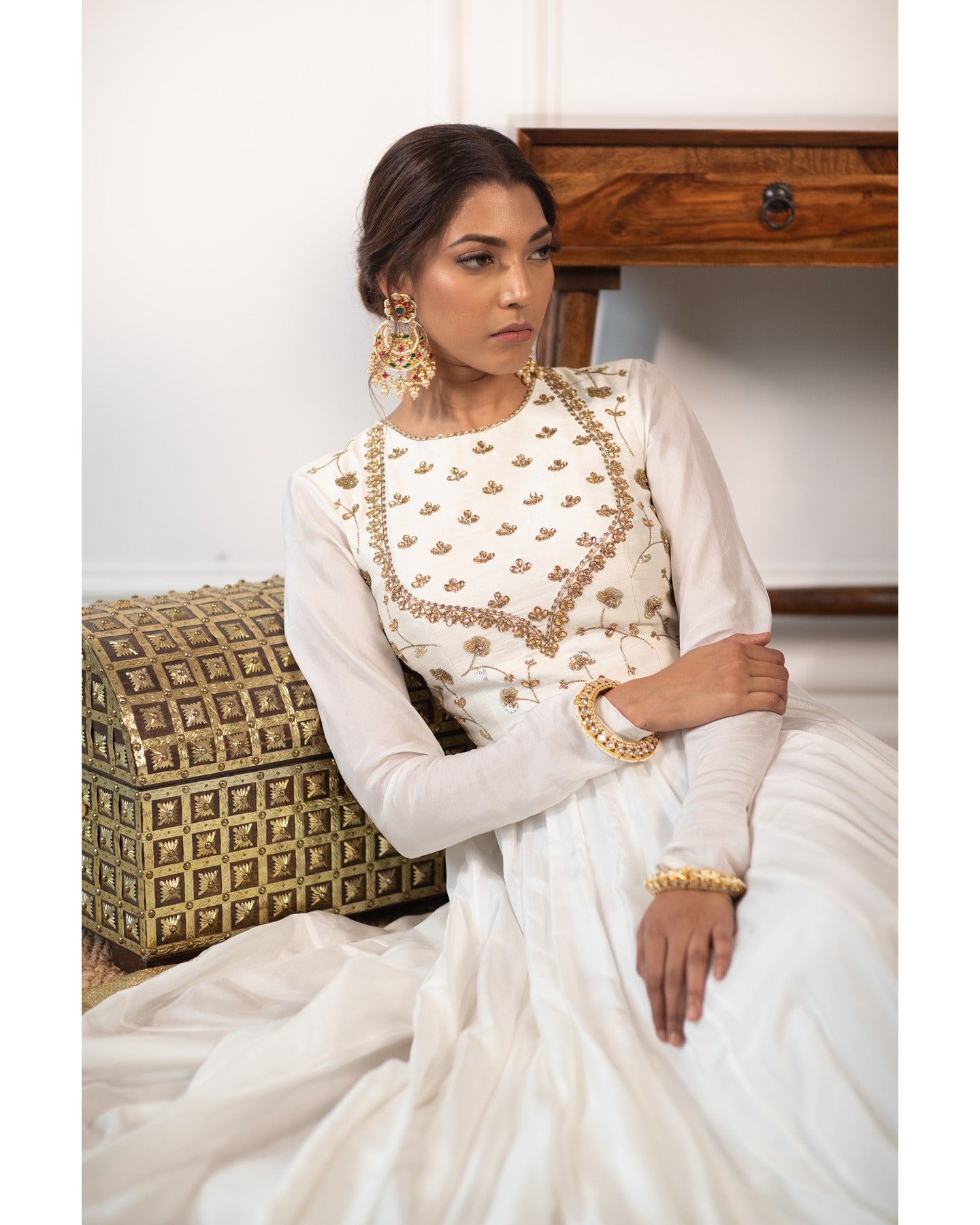 White Gold-Embroidered Silk Anarkali Dress (3-Piece) - Image 5