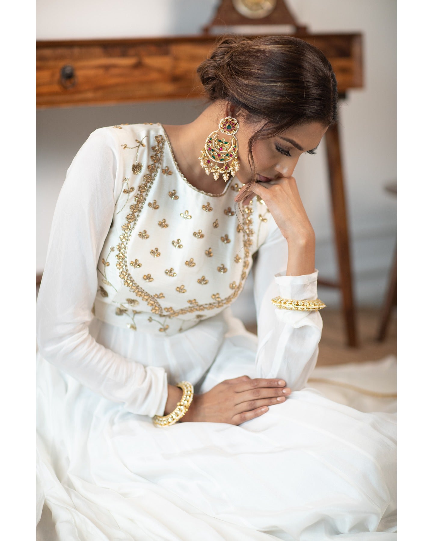 White Gold-Embroidered Silk Anarkali Dress (3-Piece) - Image 6