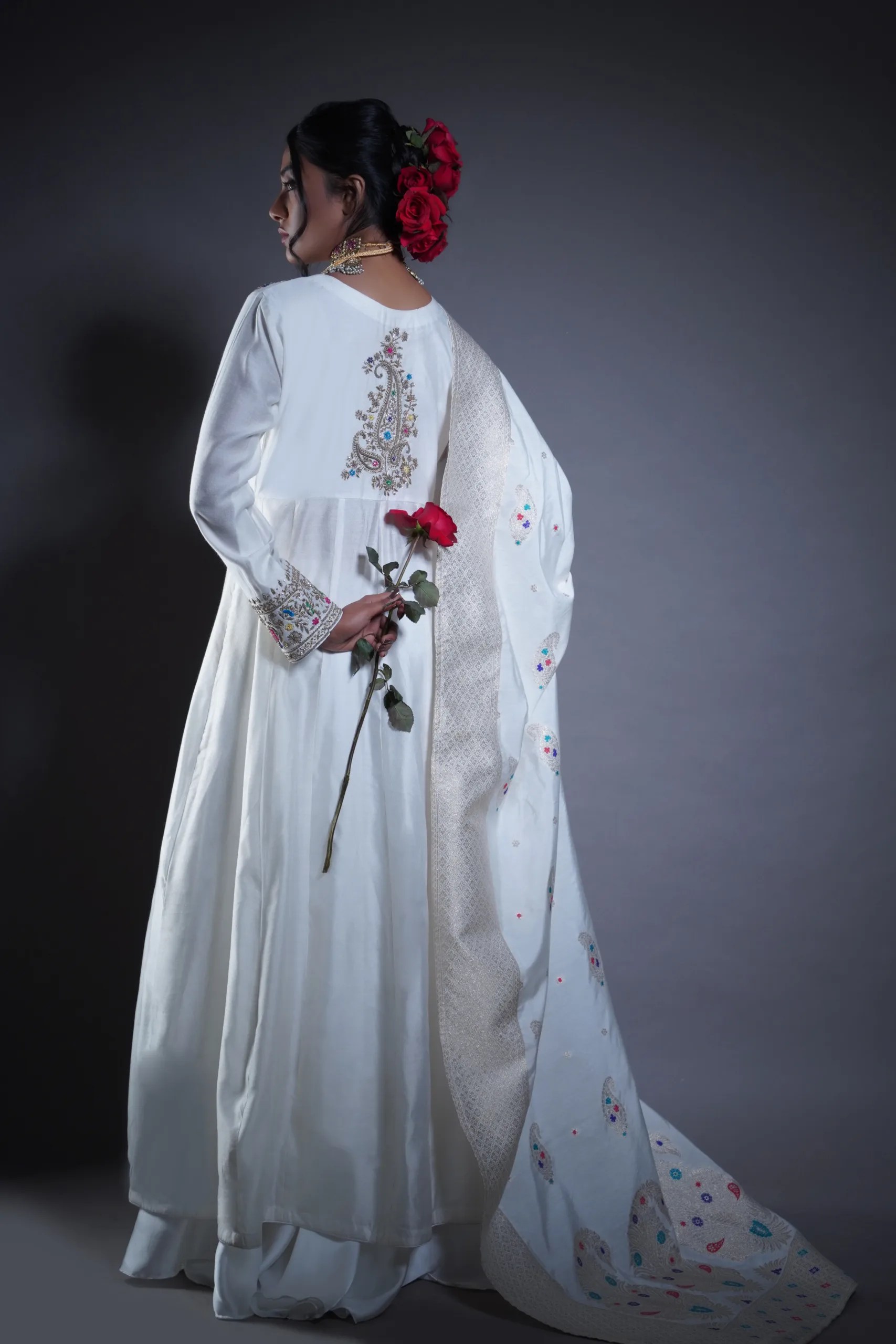 Pakistani White Rustic Gold Embroidered Raw Silk Anarkali (3-Piece) - Image 2