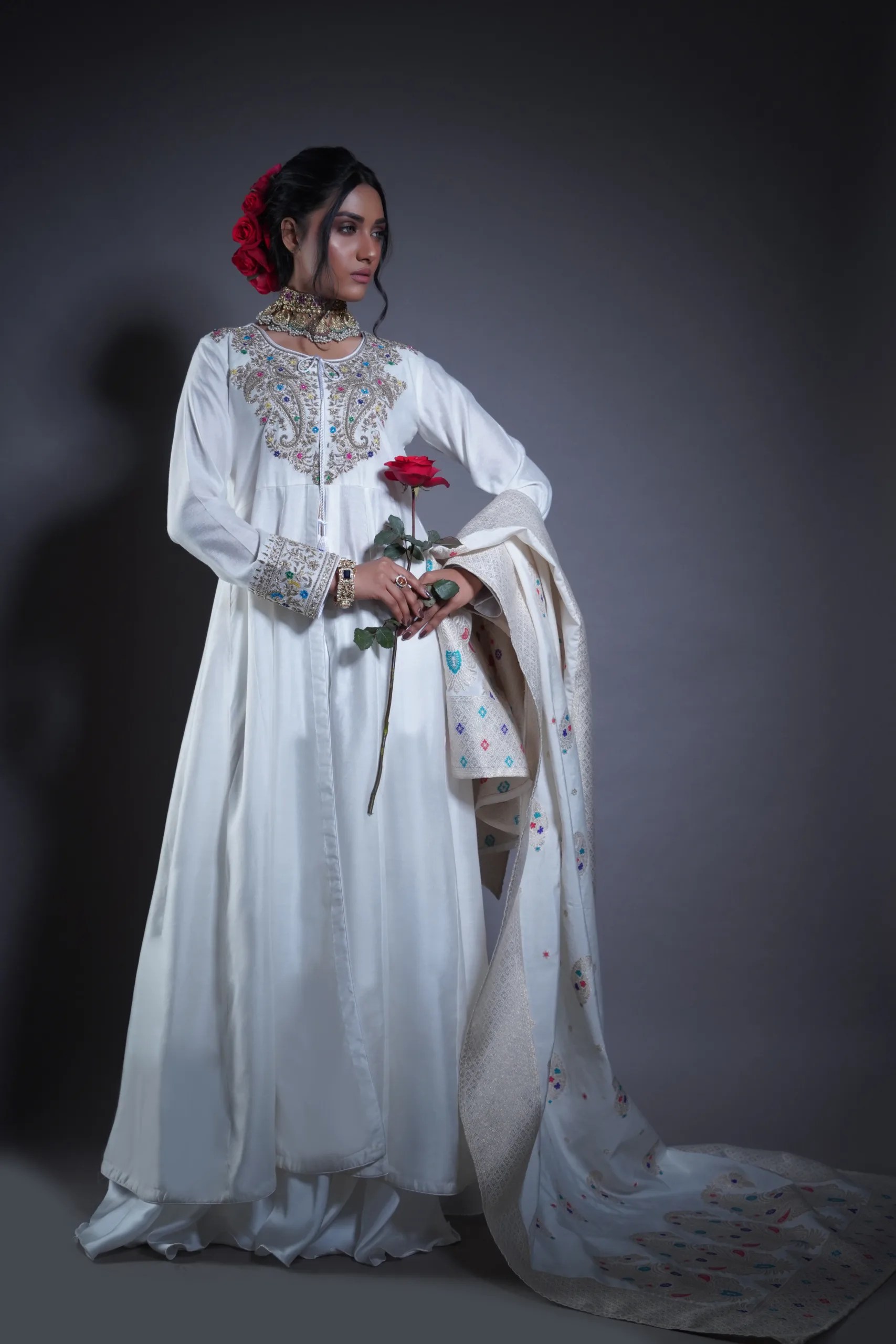 Pakistani White Rustic Gold Embroidered Raw Silk Anarkali (3-Piece) - Image 3