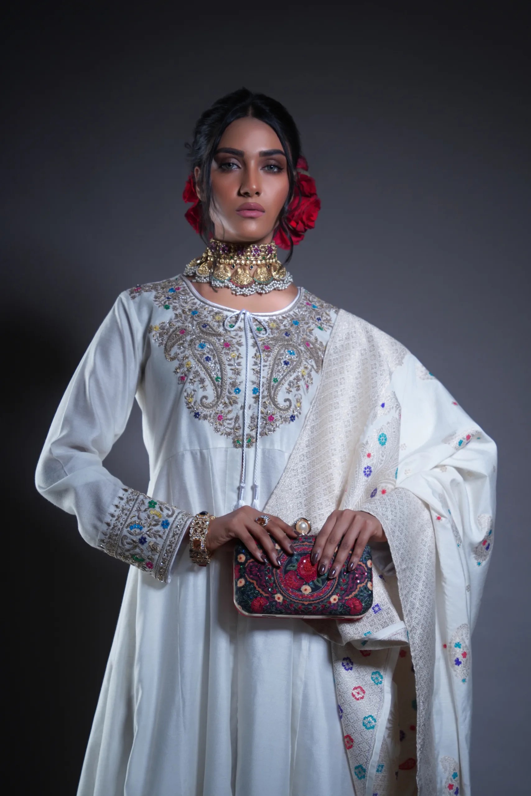 Pakistani White Rustic Gold Embroidered Raw Silk Anarkali (3-Piece) - Image 4