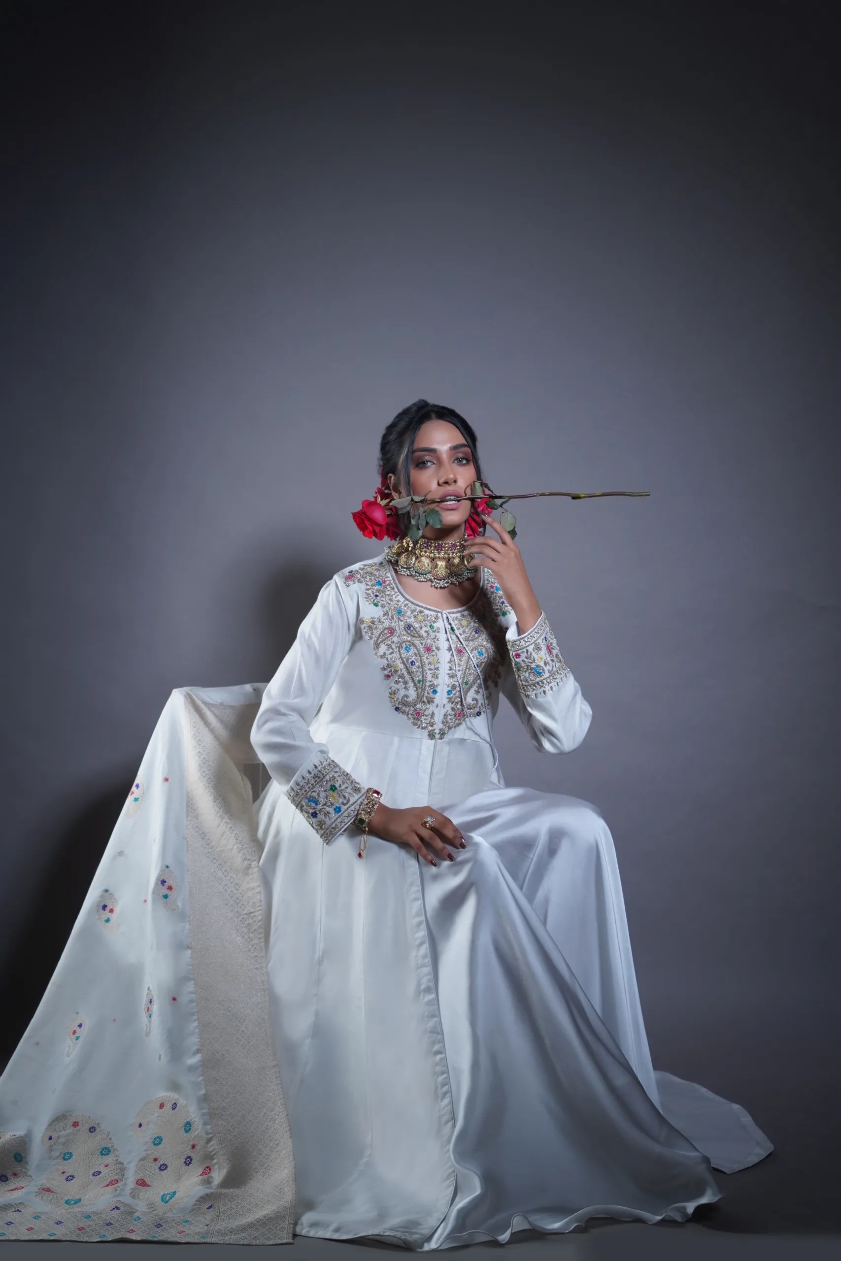 Pakistani White Rustic Gold Embroidered Raw Silk Anarkali (3-Piece) - Image 6