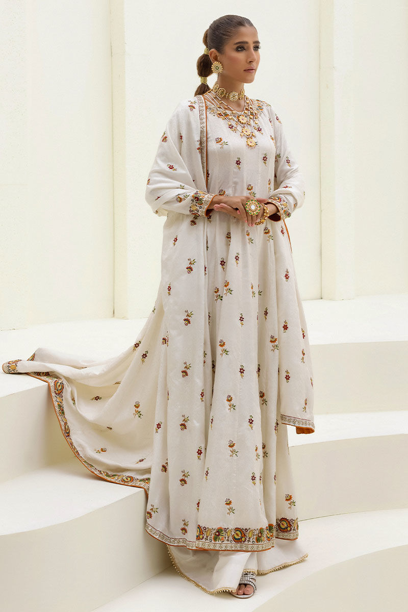 White Kashmiri Embroidered Self Jamawar Anarkali (3-Piece) - Image 1