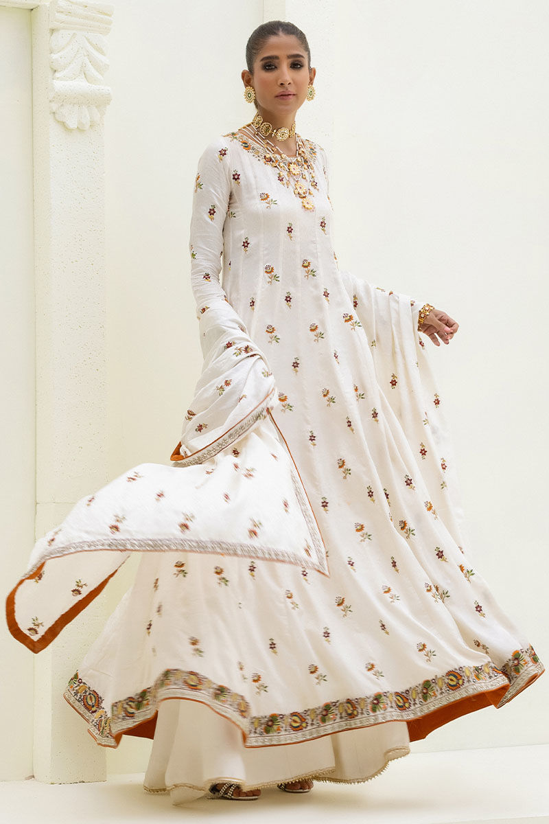 White Kashmiri Embroidered Self Jamawar Anarkali (3-Piece) - Image 2