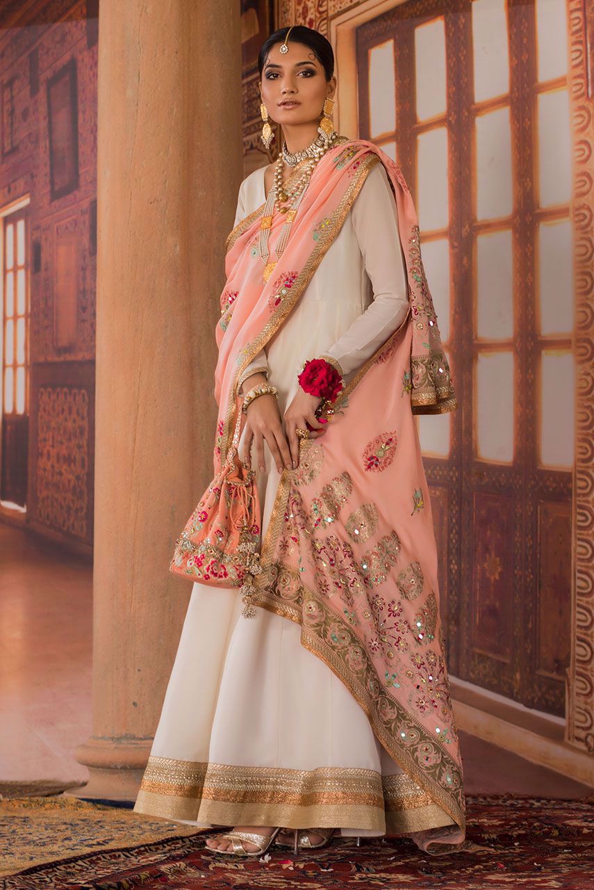 White Embroidered Silk Anarkali Dress (3-Piece) - Image 1