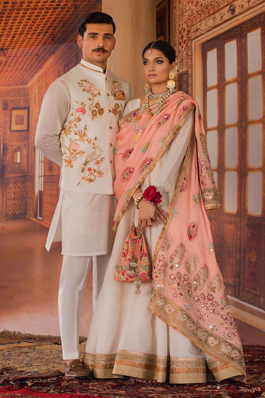 White Embroidered Silk Anarkali Dress (3-Piece) - Image 2