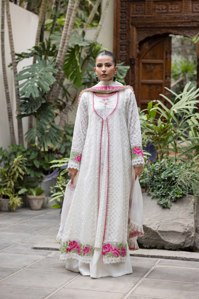 Pakistani White Arri Embroidered Chiffon Angrakha (3-Piece) - Image 1