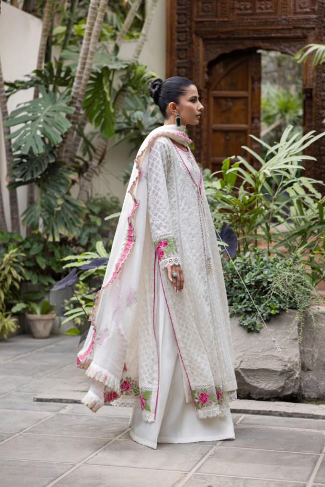 Pakistani White Arri Embroidered Chiffon Angrakha (3-Piece) - Image 2