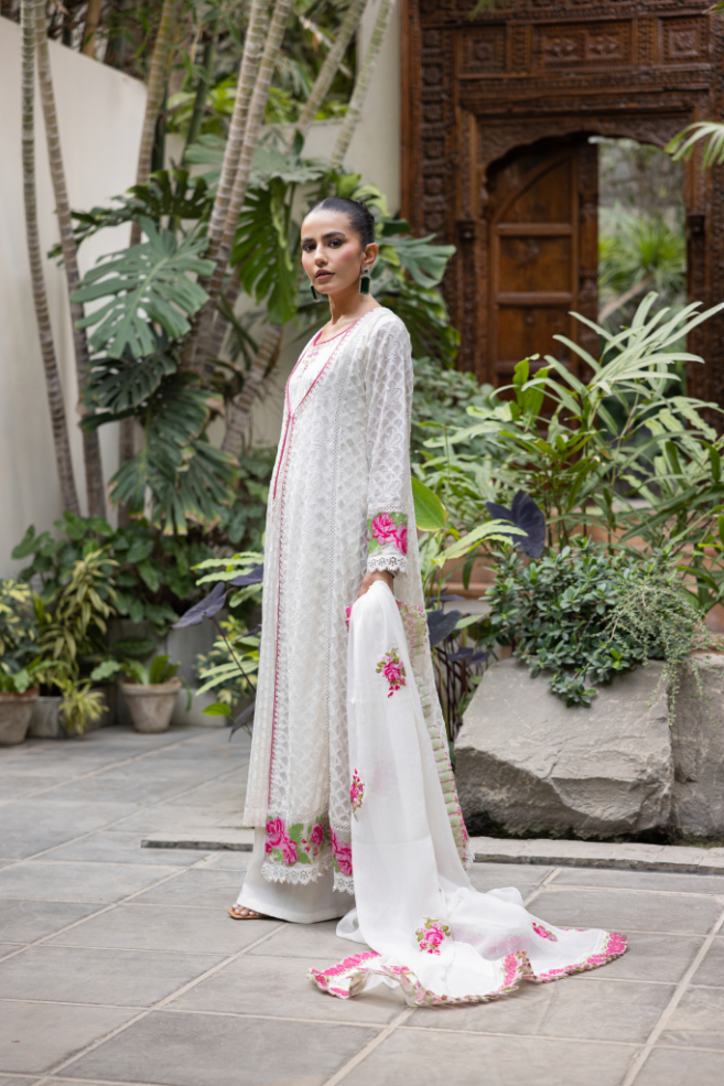 Pakistani White Arri Embroidered Chiffon Angrakha (3-Piece) - Image 3