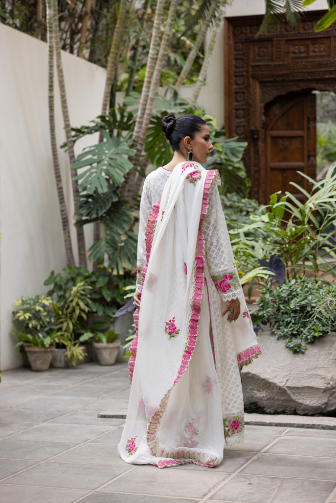 Pakistani White Arri Embroidered Chiffon Angrakha (3-Piece) - Image 4