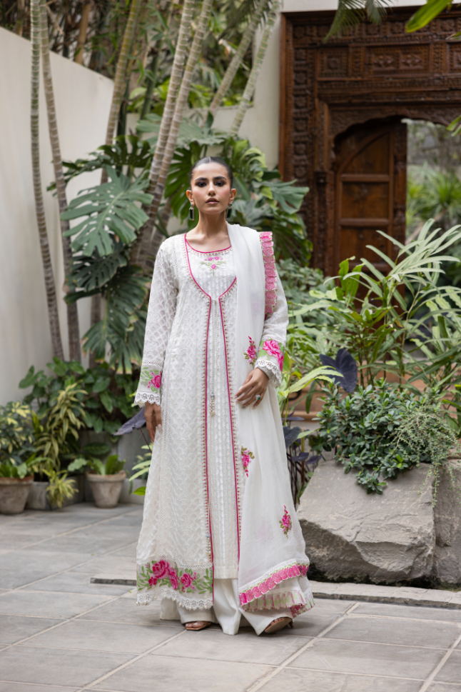 Pakistani White Arri Embroidered Chiffon Angrakha (3-Piece) - Image 6