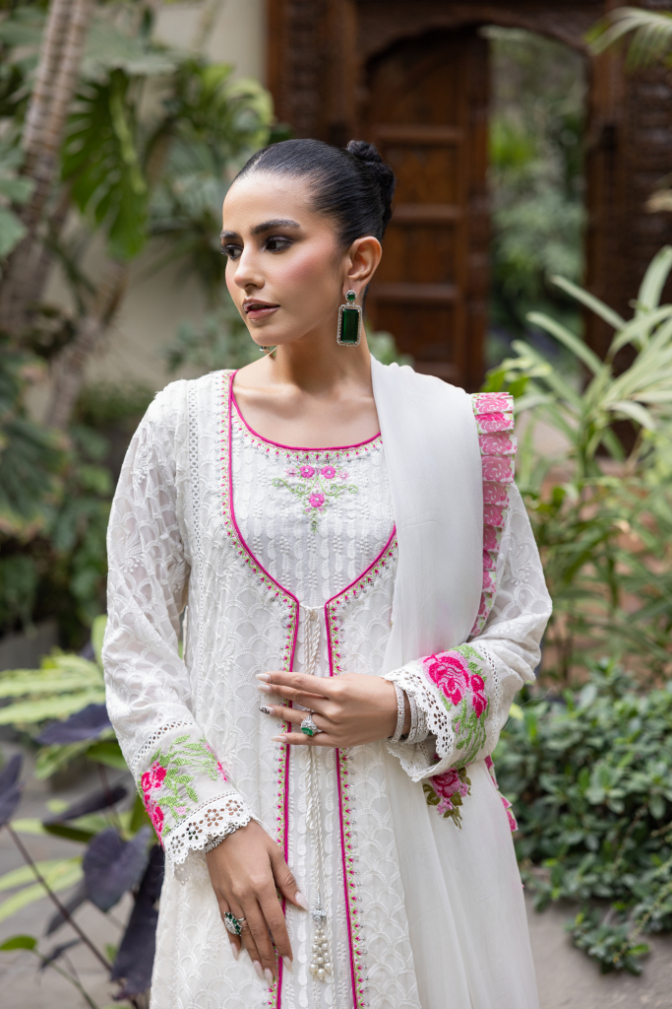 Pakistani White Arri Embroidered Chiffon Angrakha (3-Piece) - Image 7
