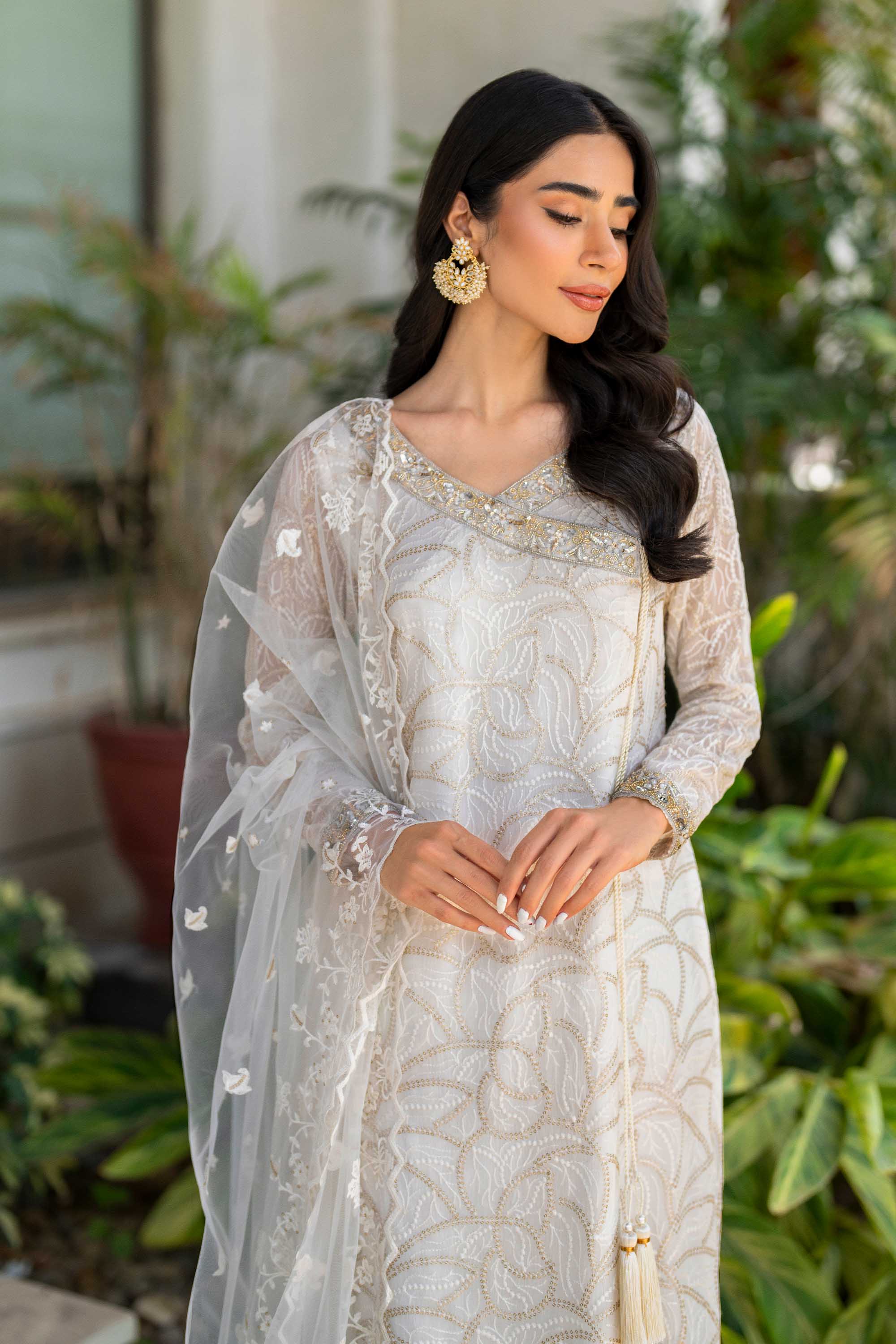 White & Gold Embroidered Chiffon Angrakha (3-Piece) - Image 2