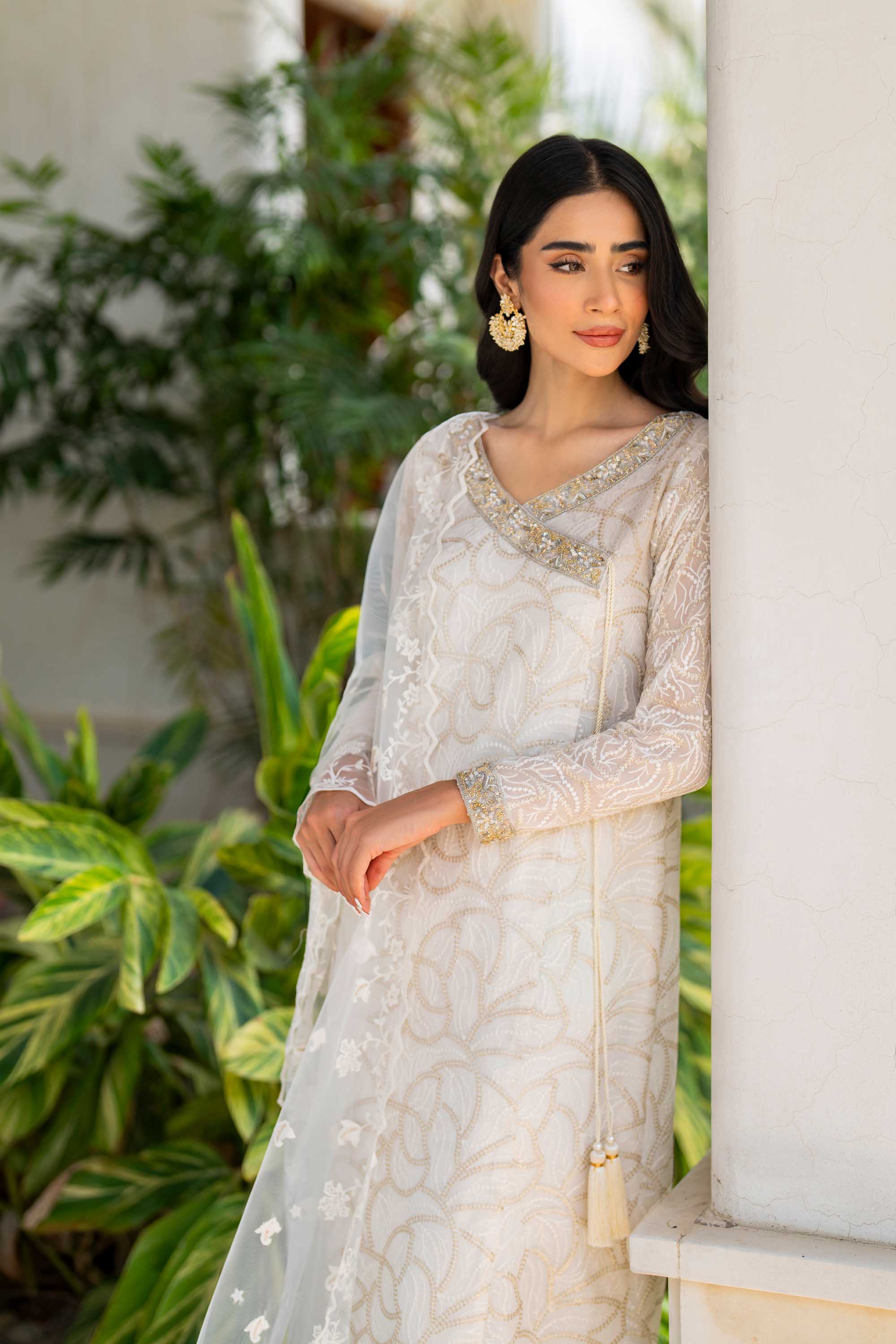White & Gold Embroidered Chiffon Angrakha (3-Piece) - Image 4