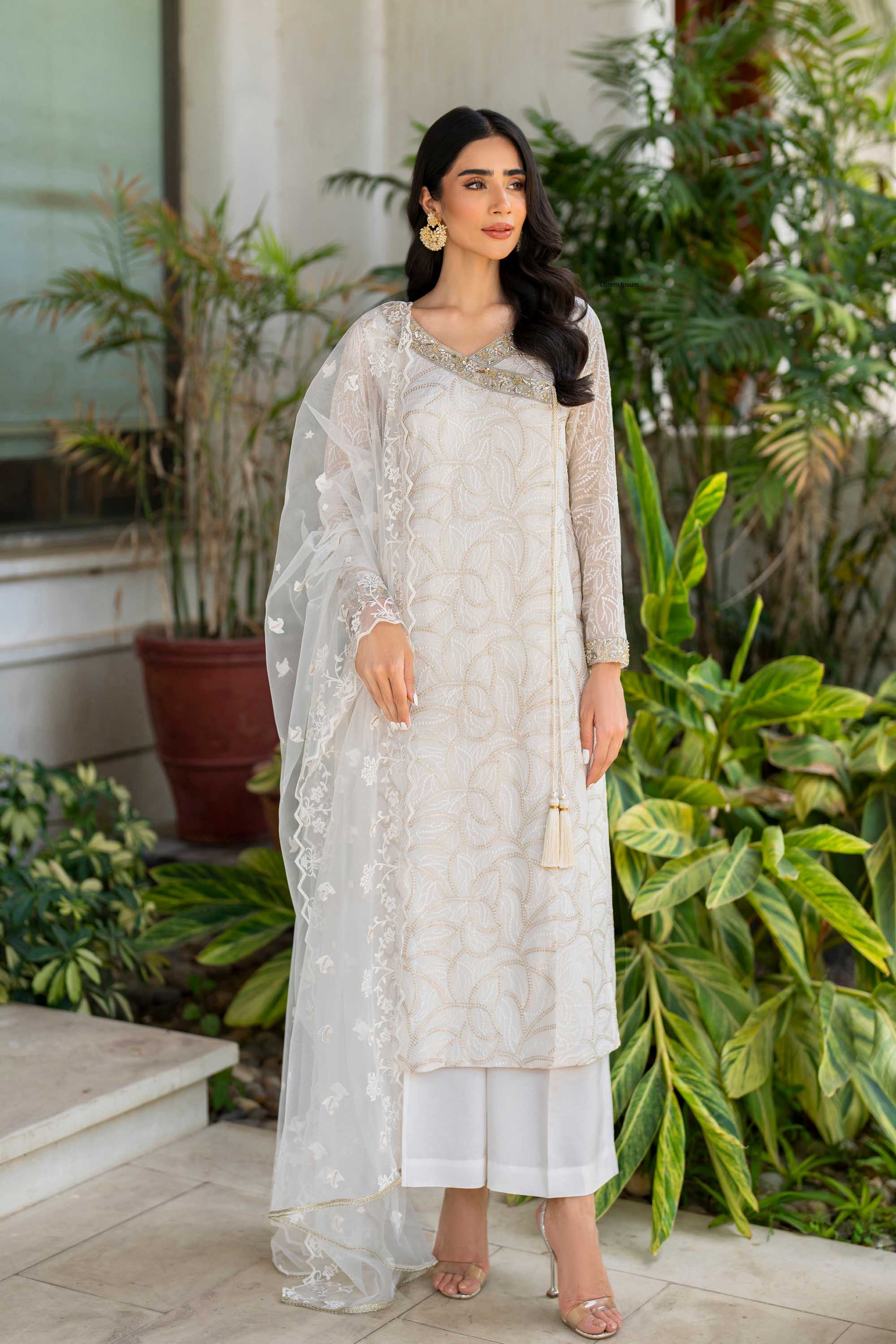 White & Gold Embroidered Chiffon Angrakha (3-Piece) - Image 5