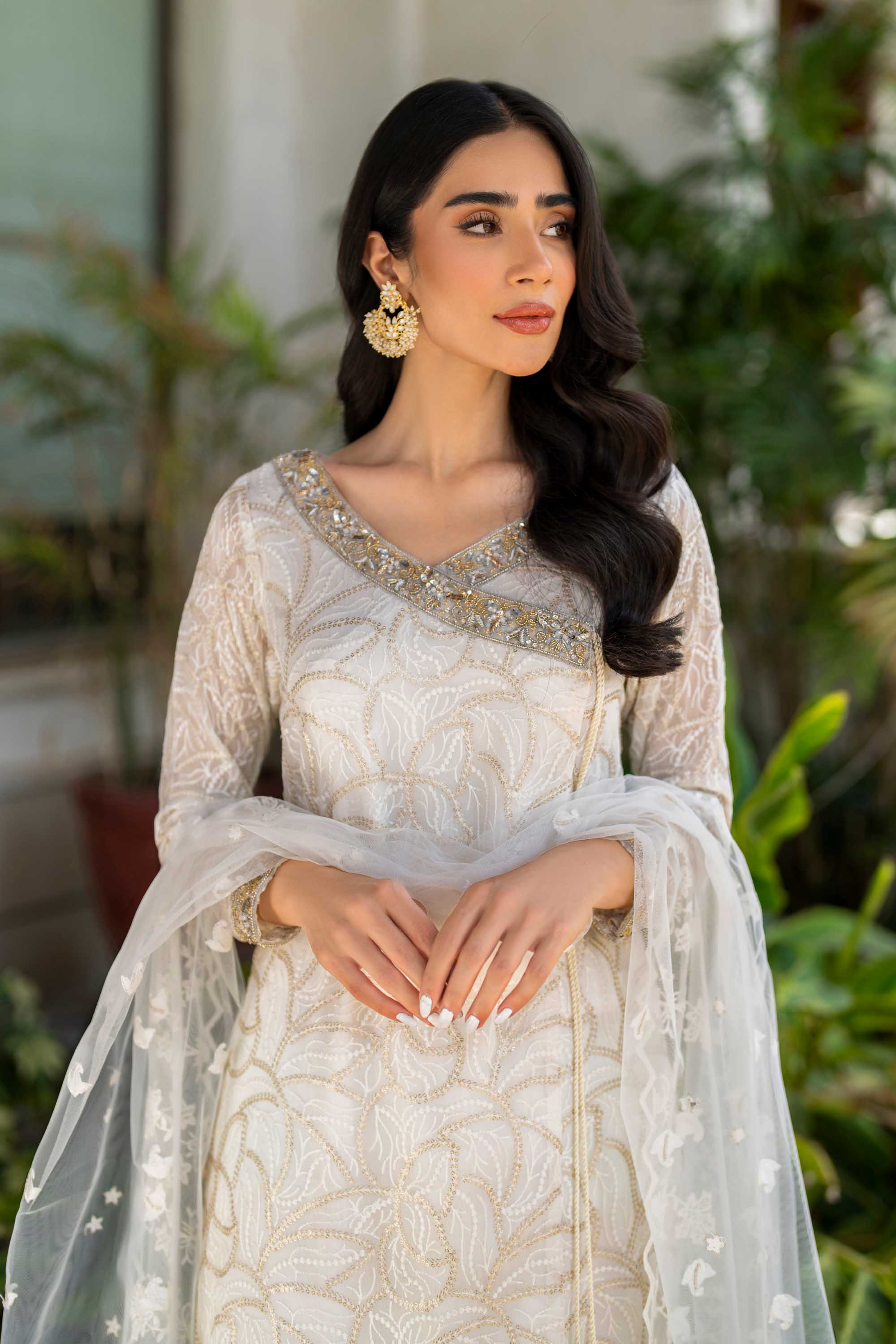 White & Gold Embroidered Chiffon Angrakha (3-Piece) - Image 6